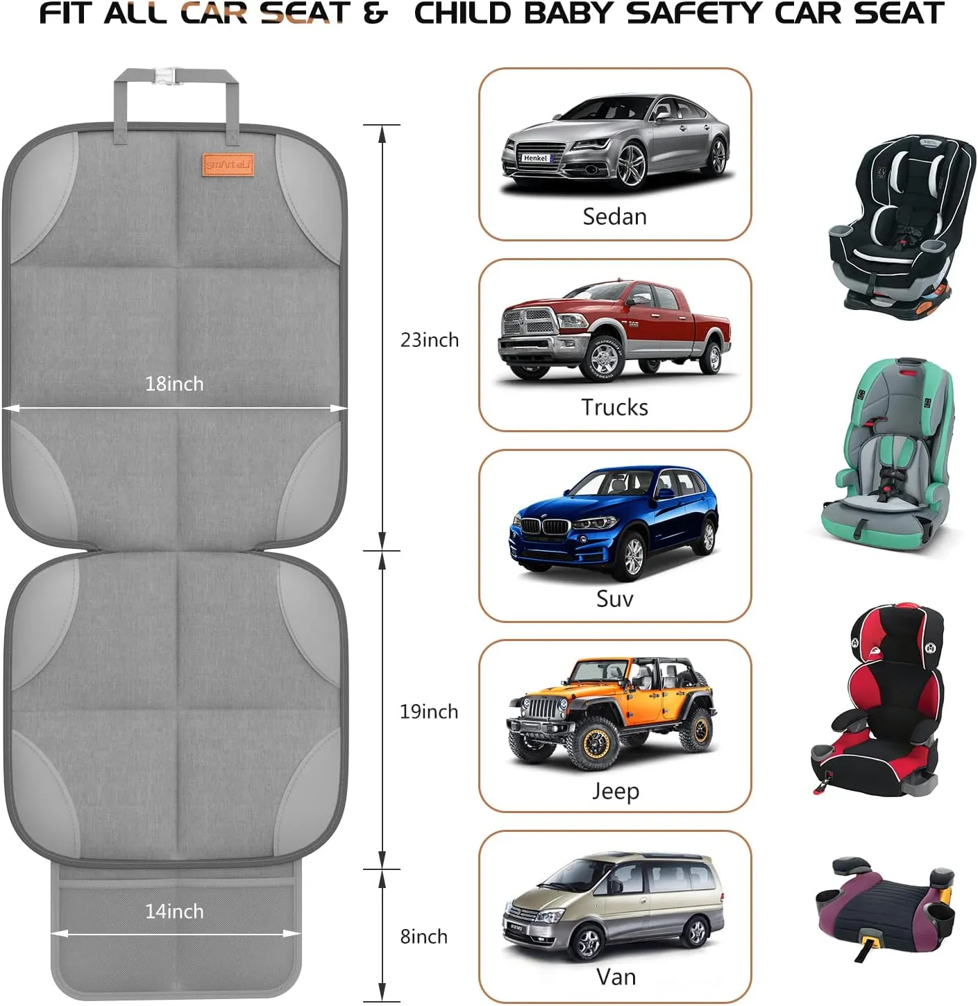 1 Pack Car Seat Protector - 600D Fabric Waterproof Carseat Protector with Thickly Padded & 2 Storage Pockets to Protect Your Car Seats from Child Seats and Pets (Light Grey)