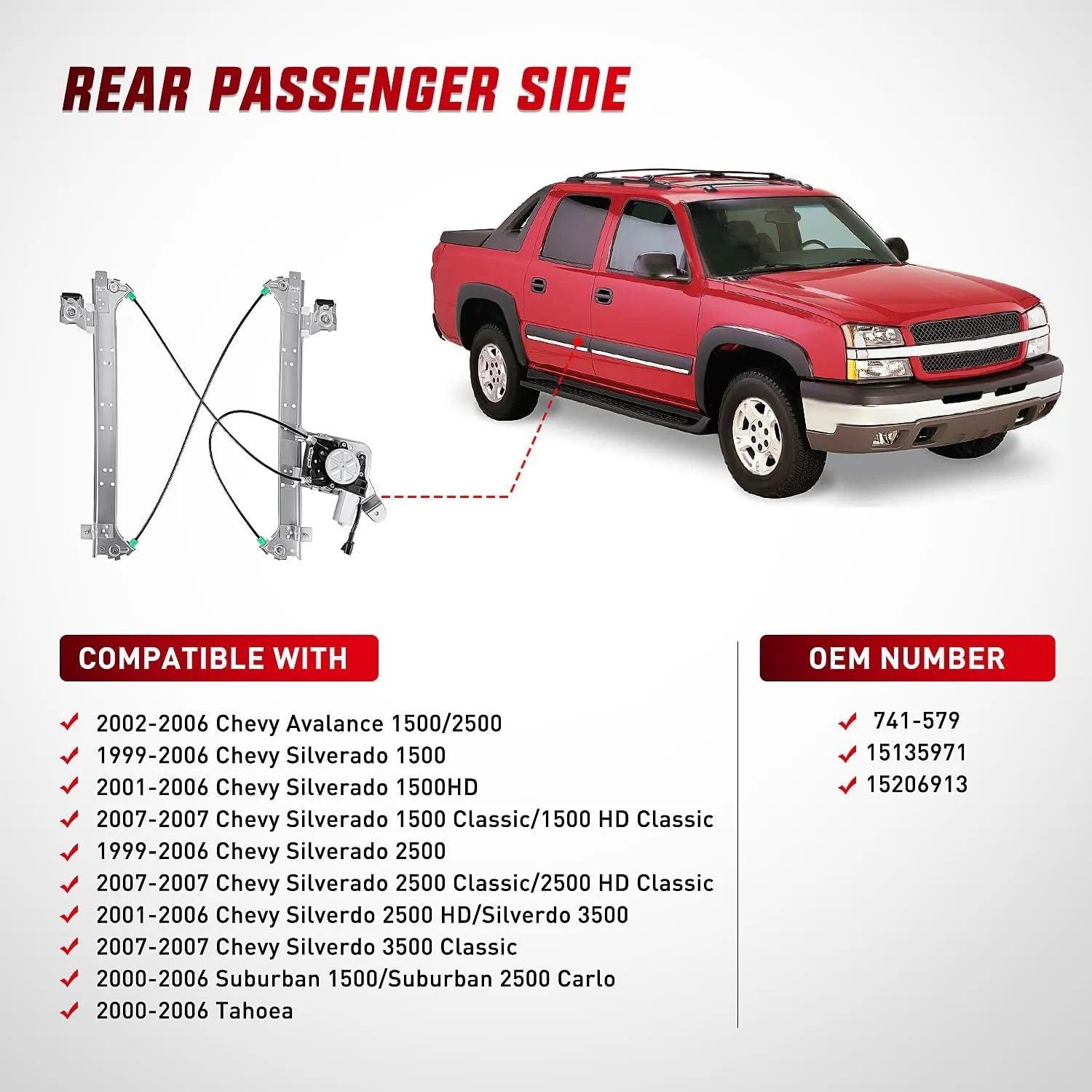 2001-2006 Chevrolet Avalanche Silverado Suburban GMC Sierra Yukon XL 1500 2500 3500 Rear Passenger Side Power Window Regulator