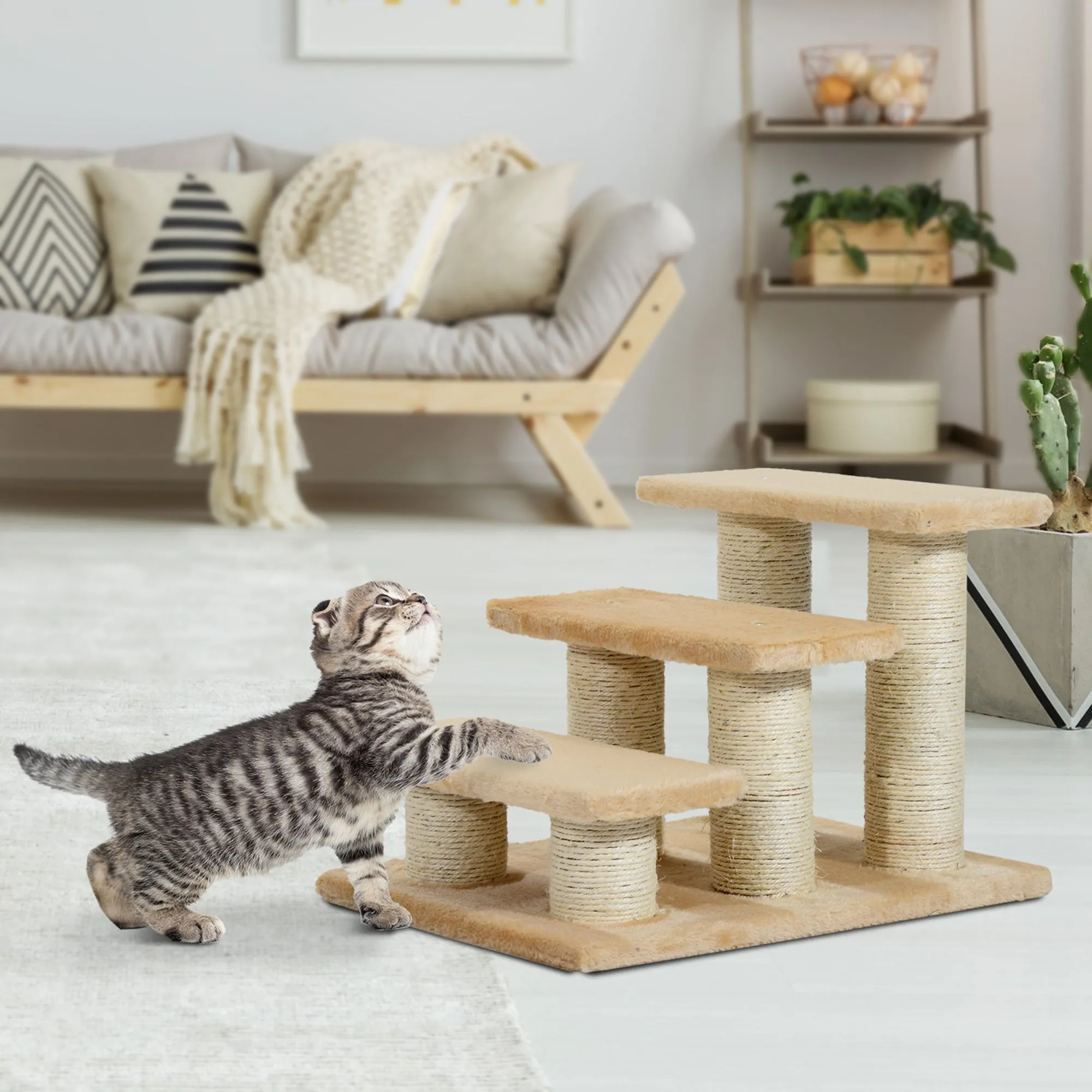 3-Step Pet Steps Pet Climber Ladder with Plush Surface Portable Cat Dog Little Older Animal Easy Climb Stairs Assistance Cream