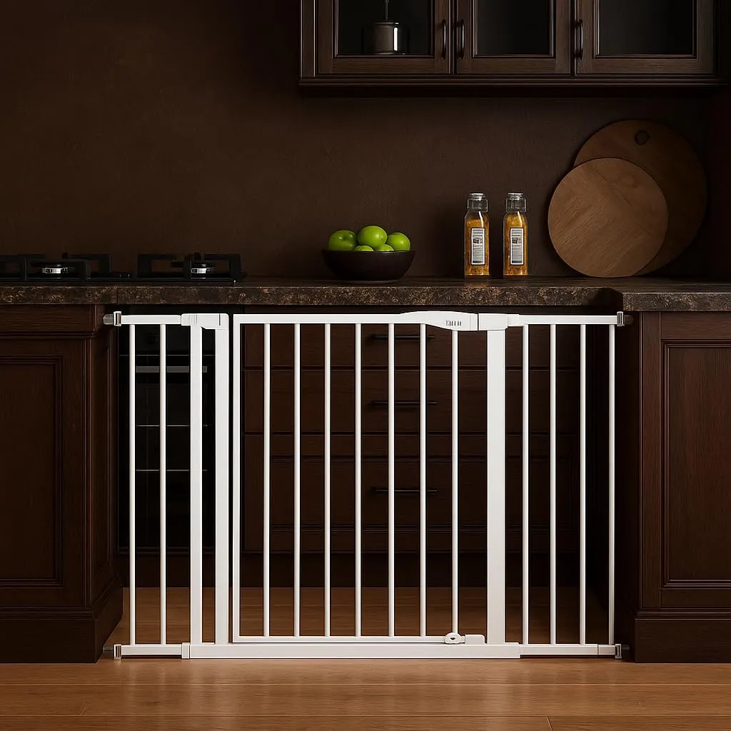 30-49 Extra Wide Baby Gate with 2 Extensions, 30.5" Tall, Pressure Mount for Kitchens, Stairs, and Doorways, Safe Passage for Crawlers, Pets & Seniors