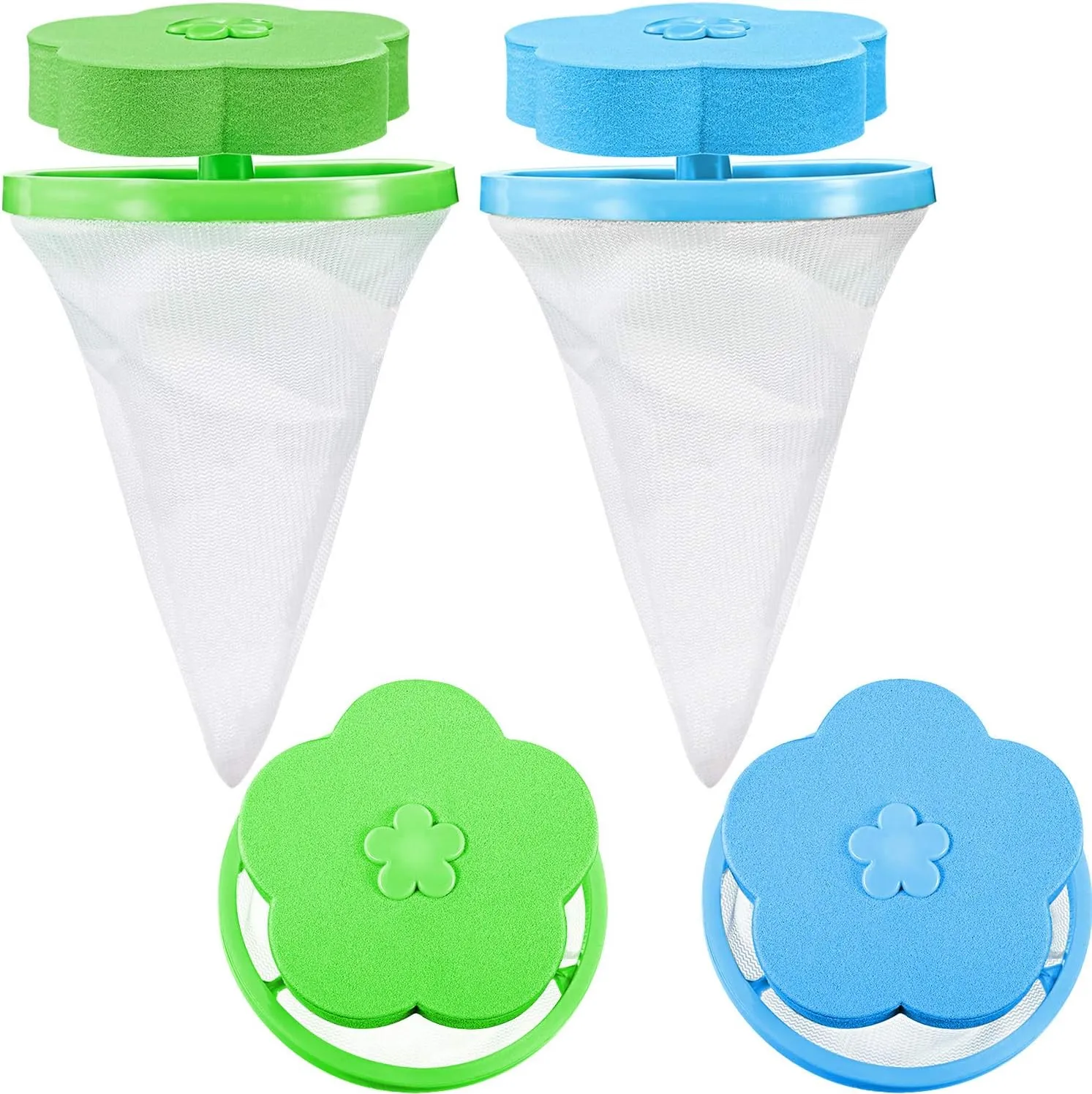 4 Pieces Reusable Washing Machine Lint Catcher Household Washing Machine Lint Mesh Bag Hair Filter Net Pouch Washer Hair Catcher (Green, Blue)