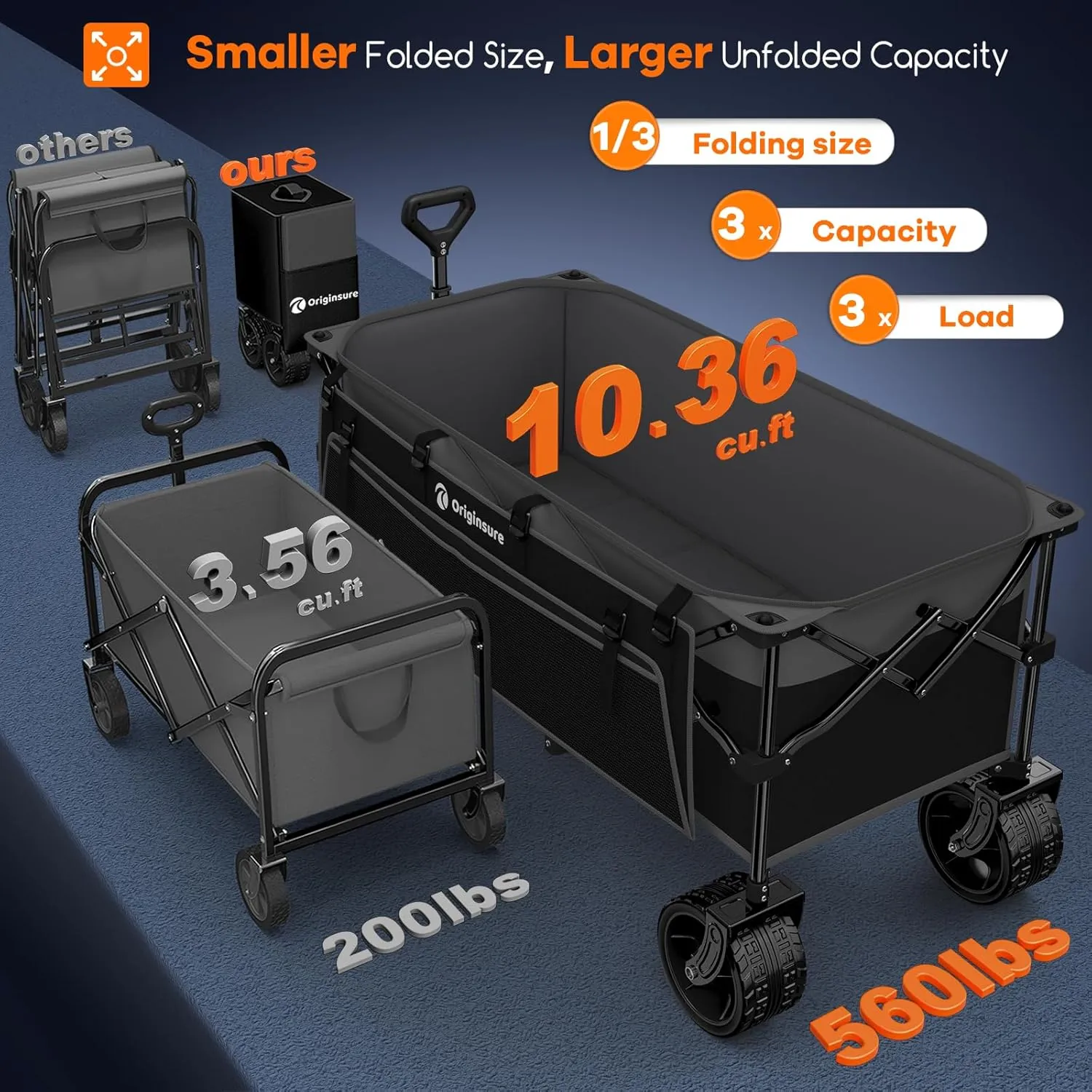 48" L Collapsible Wagon Cart Foldable, 560LB Weight Capacity 300L Heavy Duty Folding Beach Wagons with Big All-Terrain Wheels, Utility Carts for Groceries, Shopping, Camping, Sports - Grey&Black