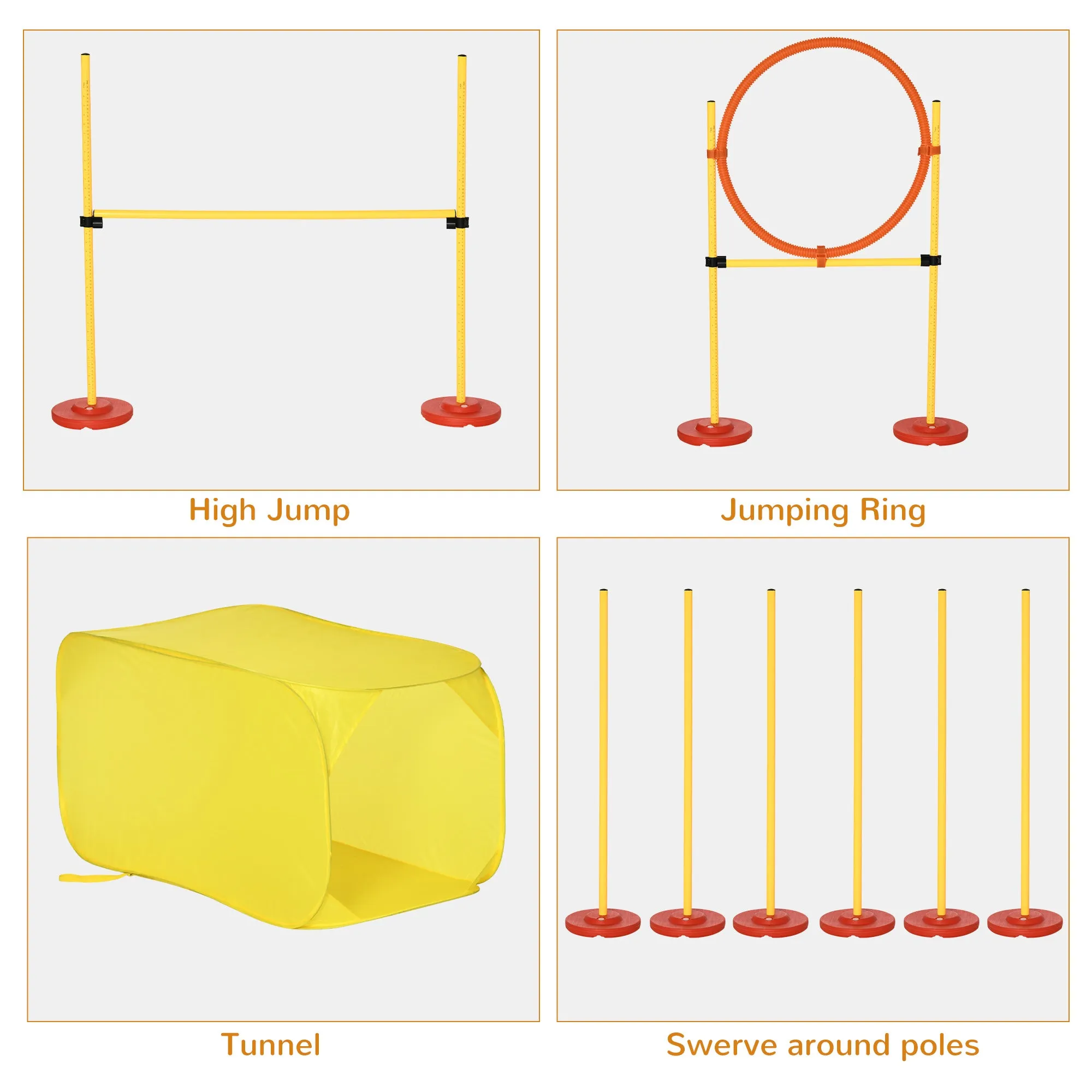 4Piece Portable Pet Agility Training Obstacle Set for DogsWith Adjustable Weave Pole Jumping Ring Adjustable High Jump Tunnel
