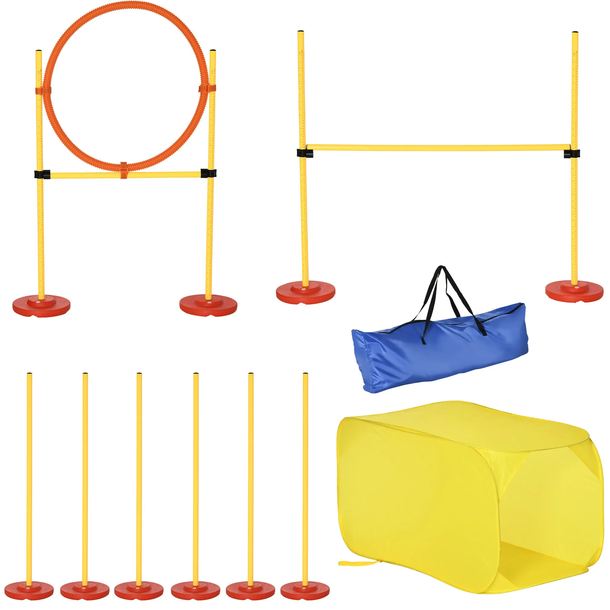 4Piece Portable Pet Agility Training Obstacle Set for DogsWith Adjustable Weave Pole Jumping Ring Adjustable High Jump Tunnel