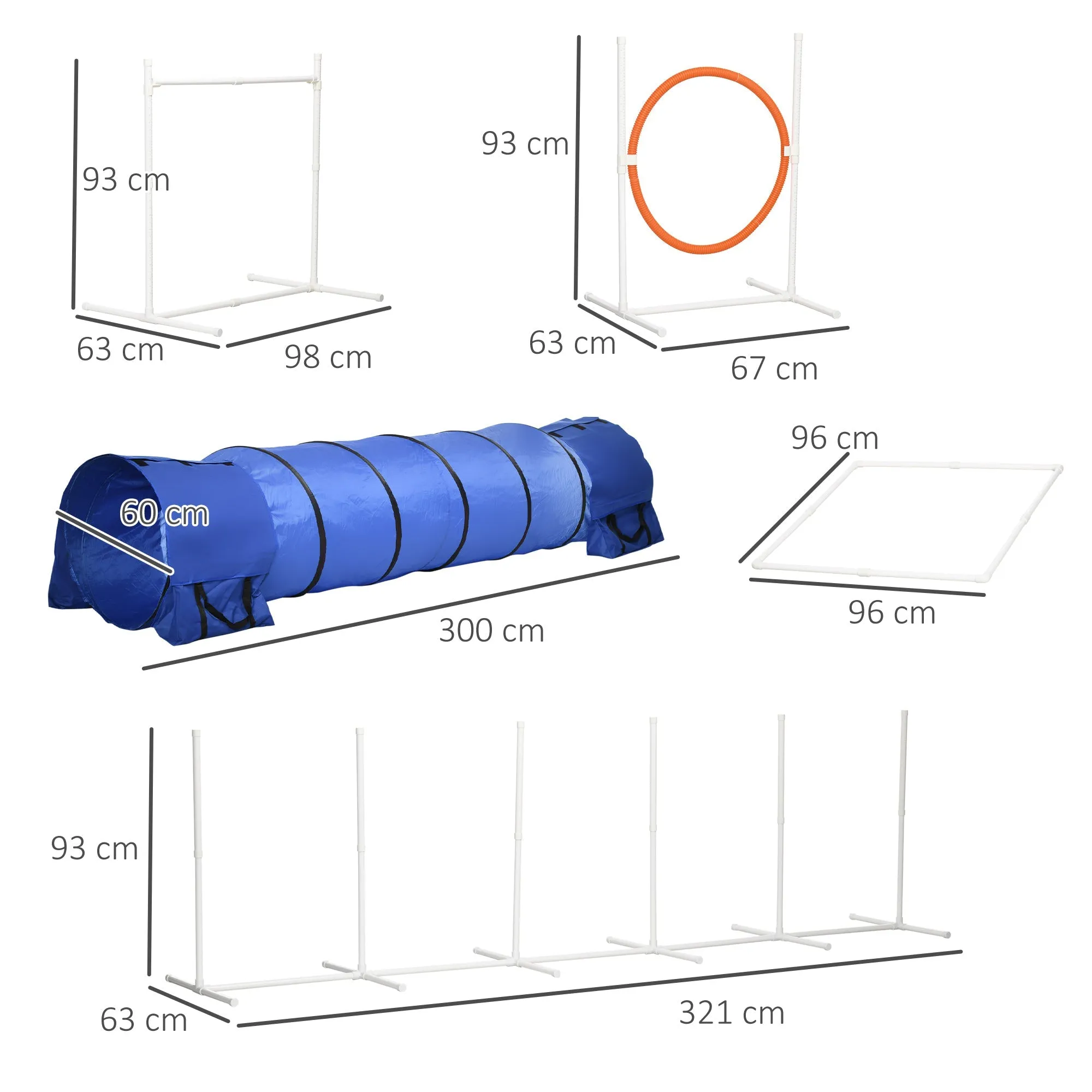 6-Piece Dog Agility Equipment Set with 3(m) Long Tunnel & Canine Whistle Pause Box Jumps Weave Poles Multicolour