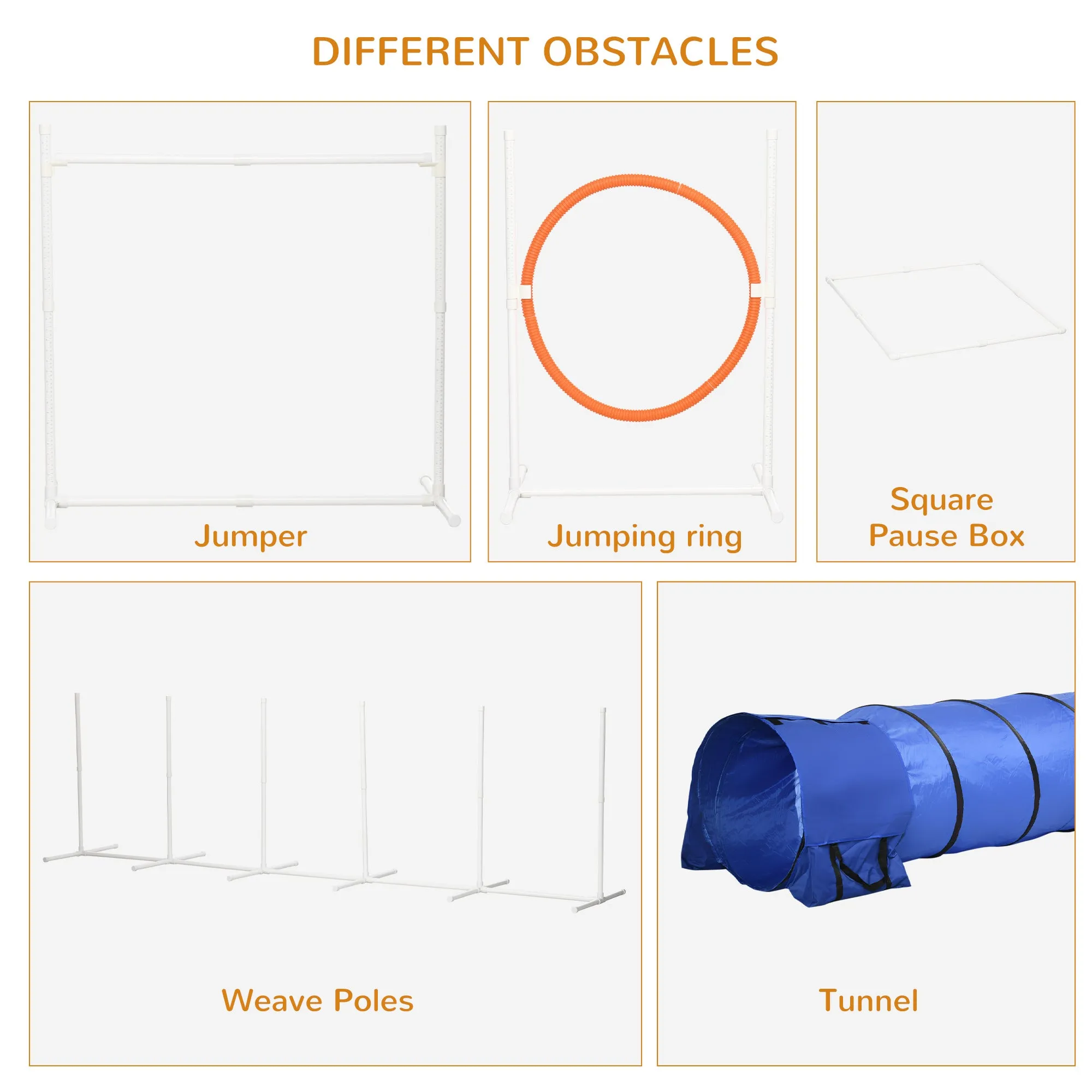 6-Piece Dog Agility Equipment Set with 3(m) Long Tunnel & Canine Whistle Pause Box Jumps Weave Poles Multicolour
