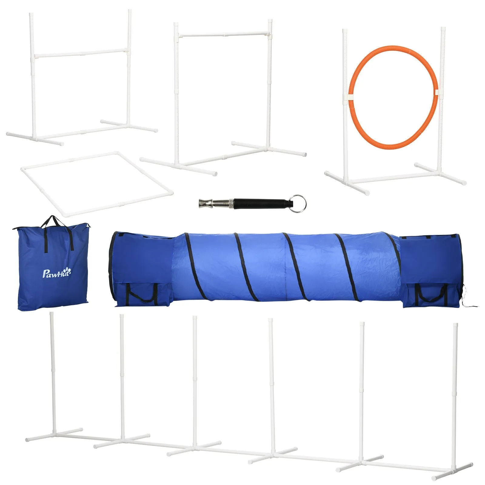 6-Piece Dog Agility Equipment Set with 3(m) Long Tunnel & Canine Whistle Pause Box Jumps Weave Poles Multicolour