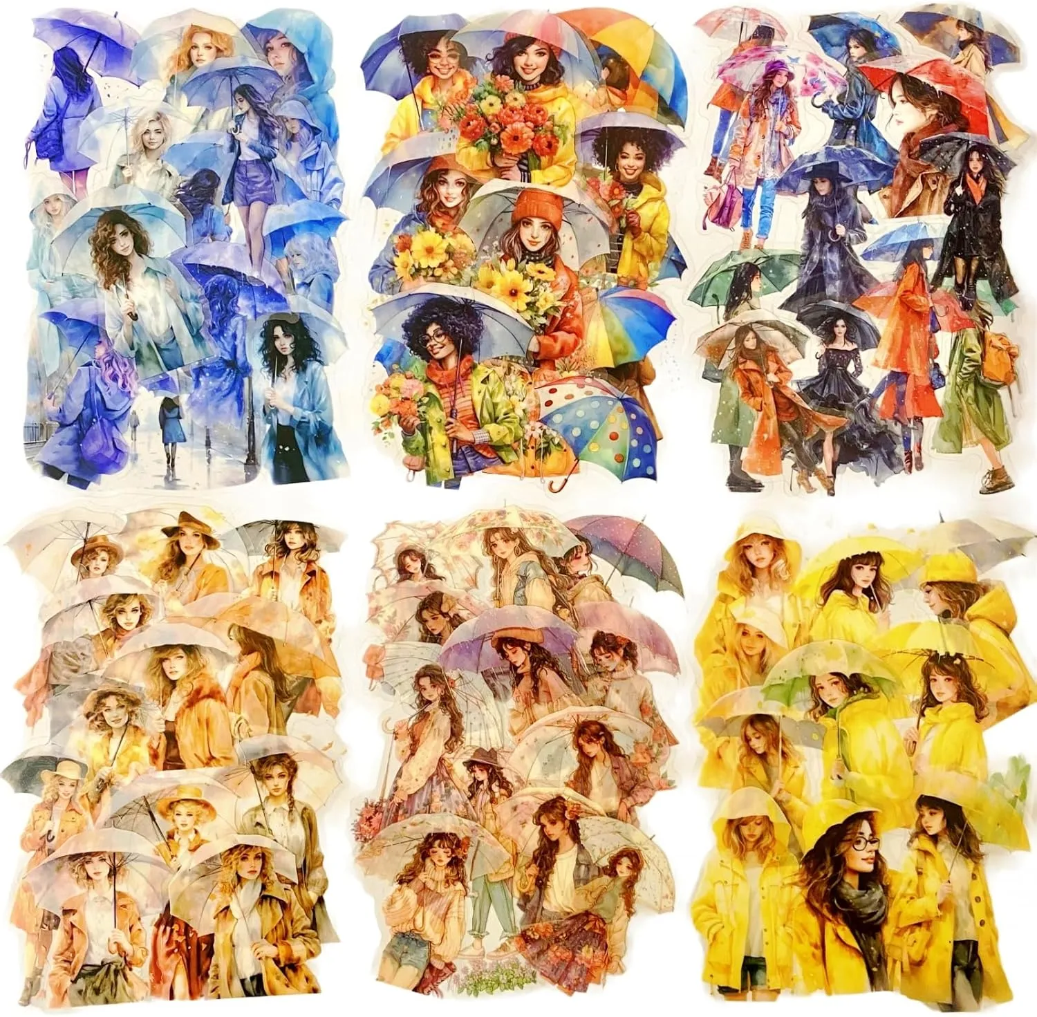 90Pcs A Walk in The Rain Series PET Scrapbook Stickers, Rainy Girl Raincoat Umbrella Stickers Kit for Scrapbooking, Junk Journal Ephemera, DIY Crafts Waterproof Journaling Supplies