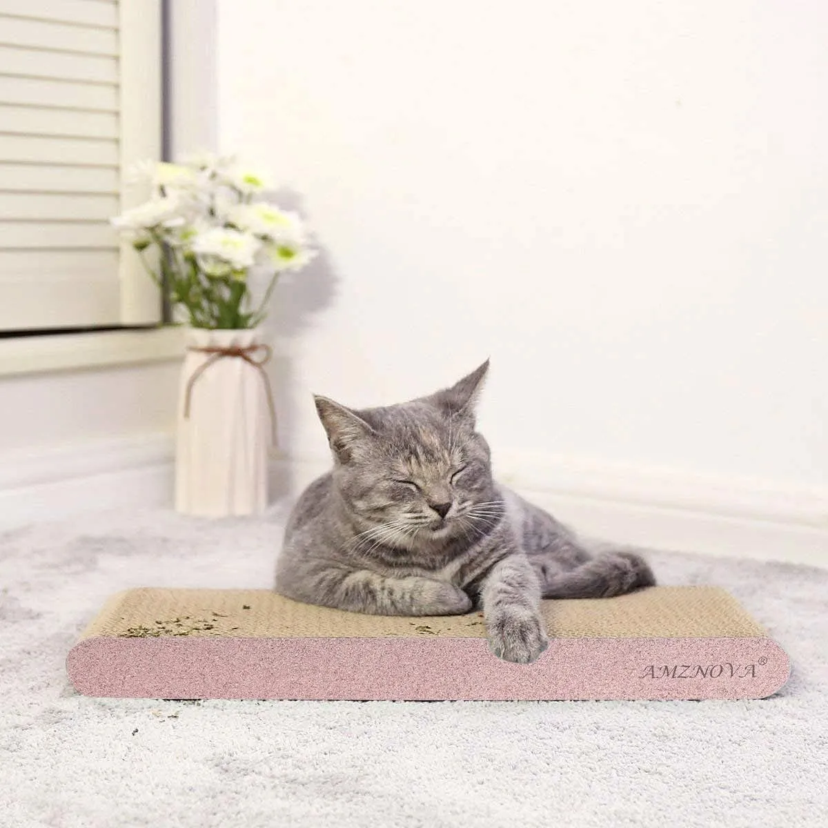 AMZNOVA Cat Scratcher, Scratching Pad, Durable Recyclable Cardboard with Catnip, Narrow, Glitter Rose Gold
