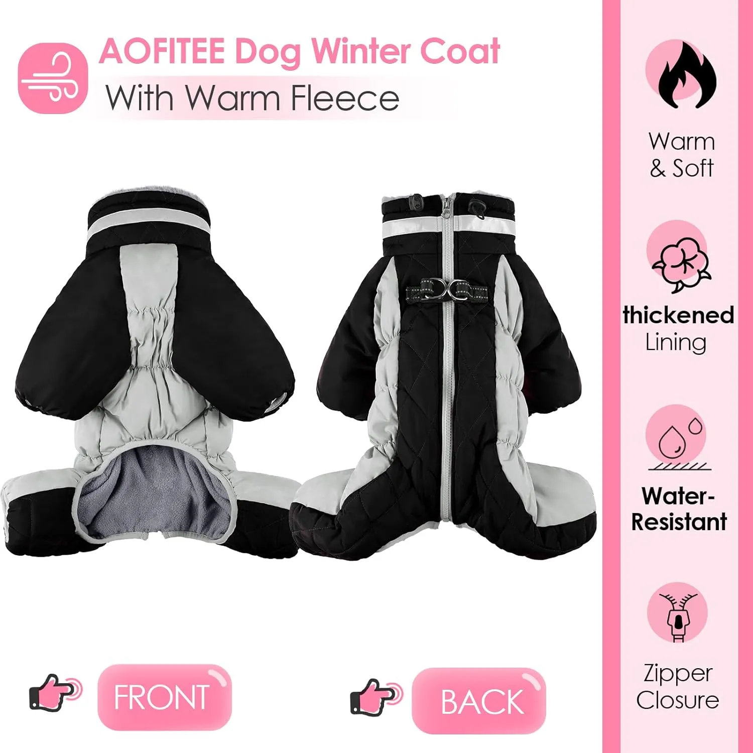 AOFITEE Small Dog Warm Winter Jacket With Built-in Harness, Windproof Reflective Turtleneck Puffer Snowsuit, Four-Legged Fleece Coat for Small Medium Large Dogs