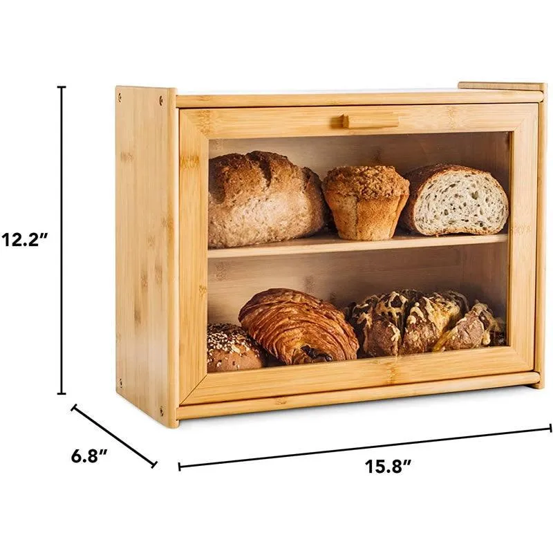 Bamboo Wood Bread Bin With Clear Front Window Id-52