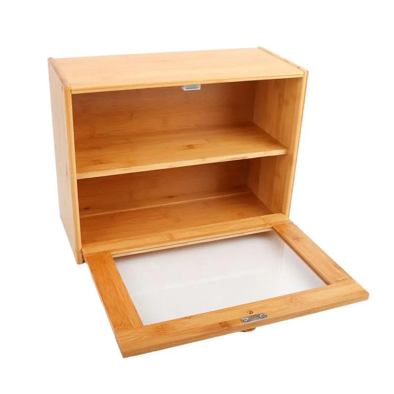 Bamboo Wood Bread Bin With Clear Front Window Id-52