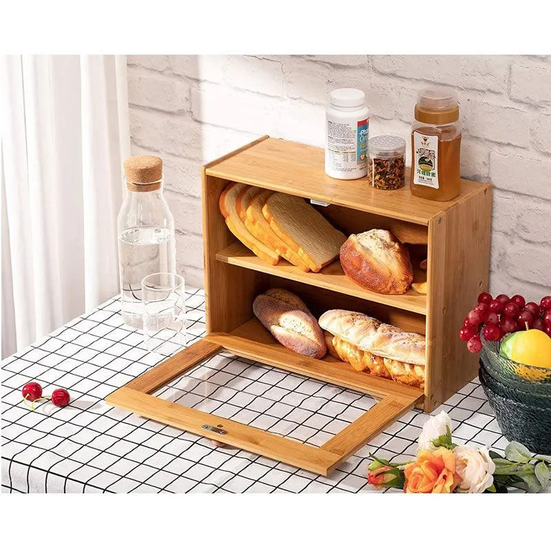 Bamboo Wood Bread Bin With Clear Front Window Id-52