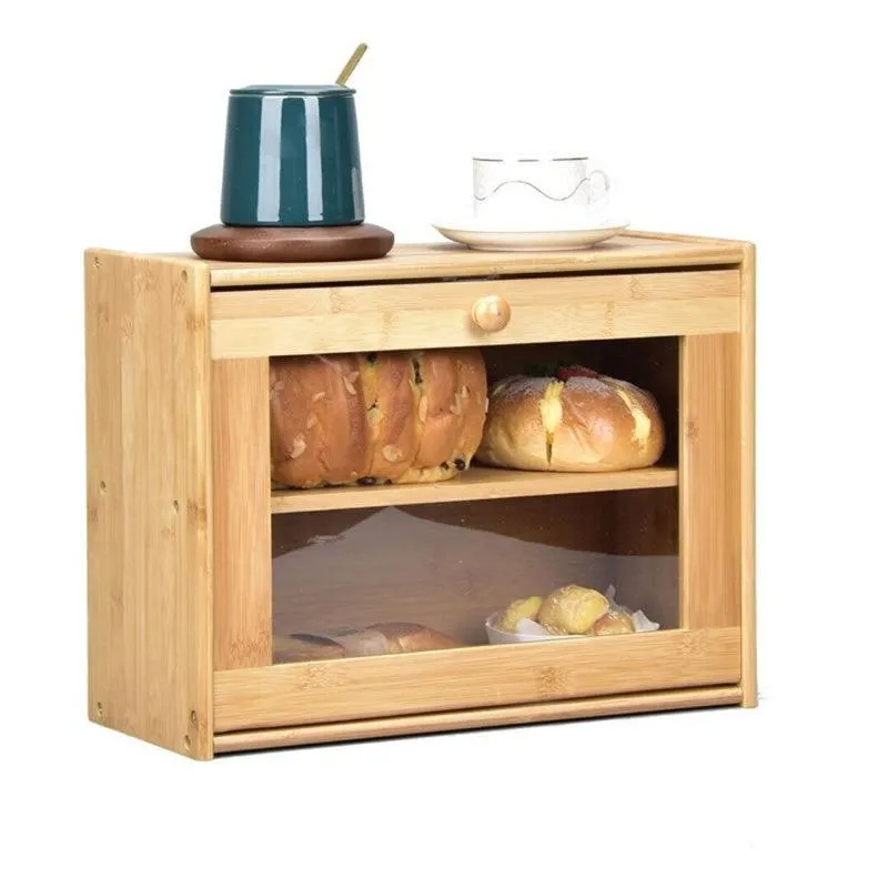 Bamboo Wood Bread Bin With Clear Front Window Id-52