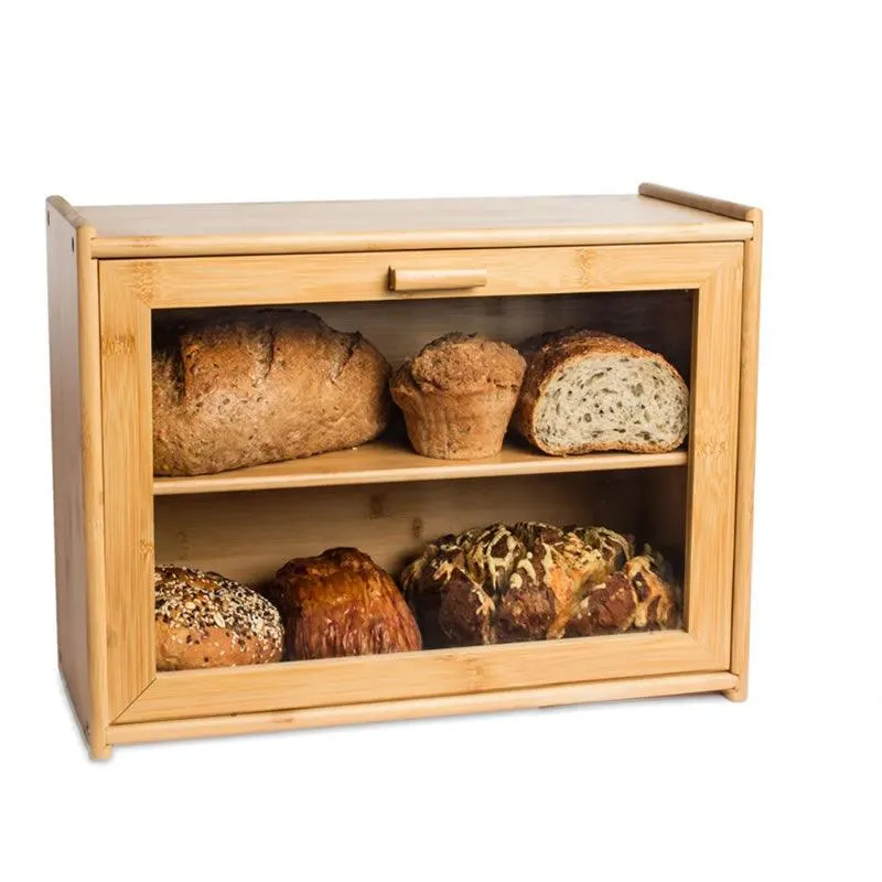 Bamboo Wood Bread Bin With Clear Front Window Id-52
