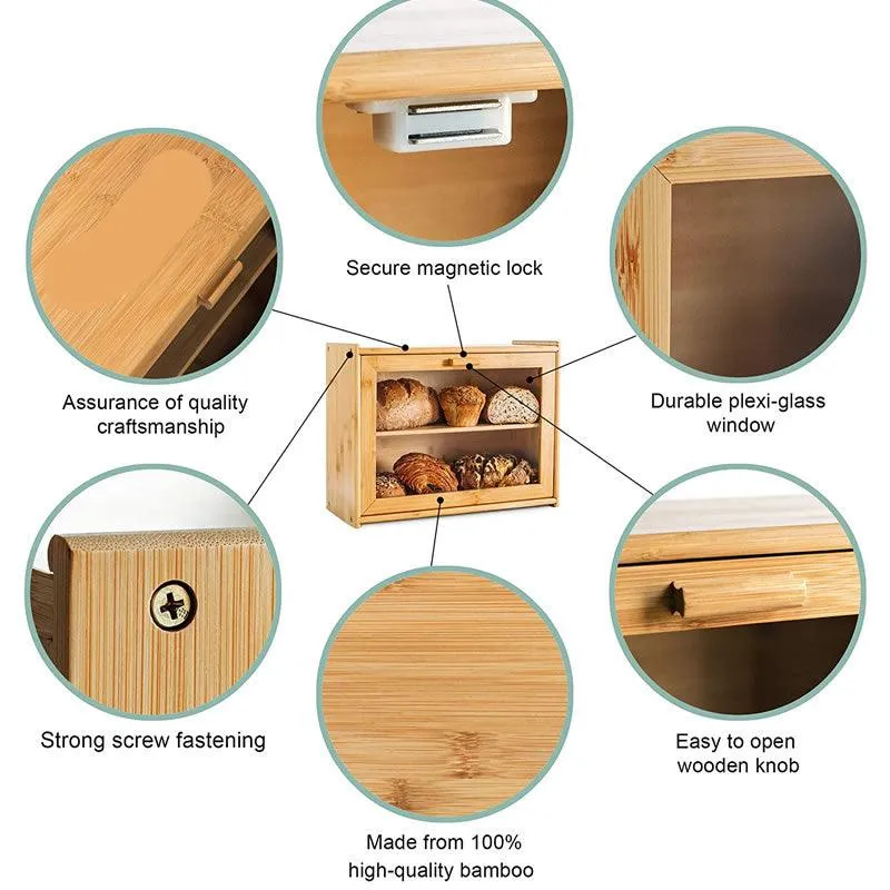 Bamboo Wood Bread Bin With Clear Front Window Id-52