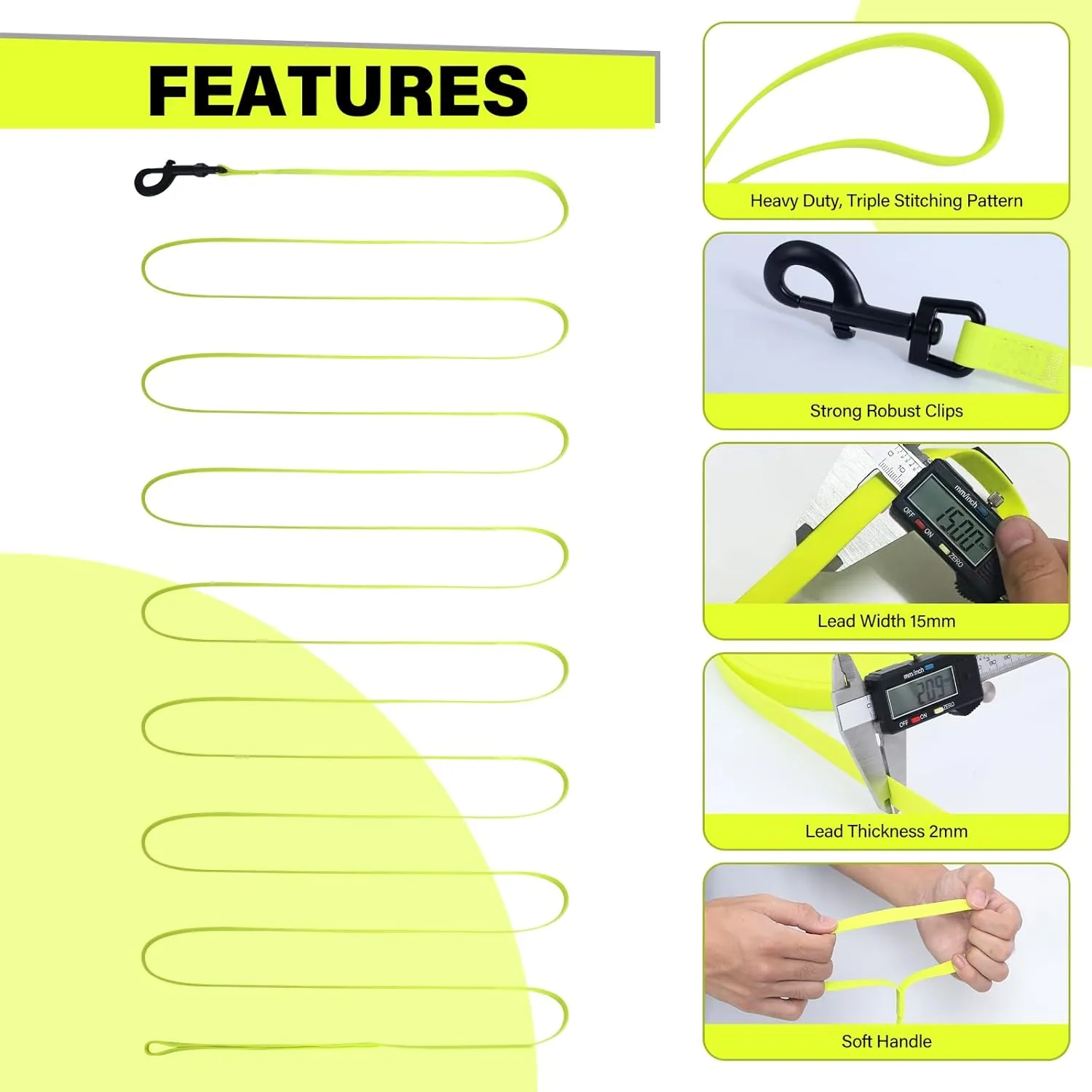 Biothane Long Line Dog Leash 5ft, 10ft, 16ft, 30ft, 50ft PVC Recall Waterproof Dog Leash Beach Swimming Tracking Training Dogs Lead for Pet, Medium and Large Dogs