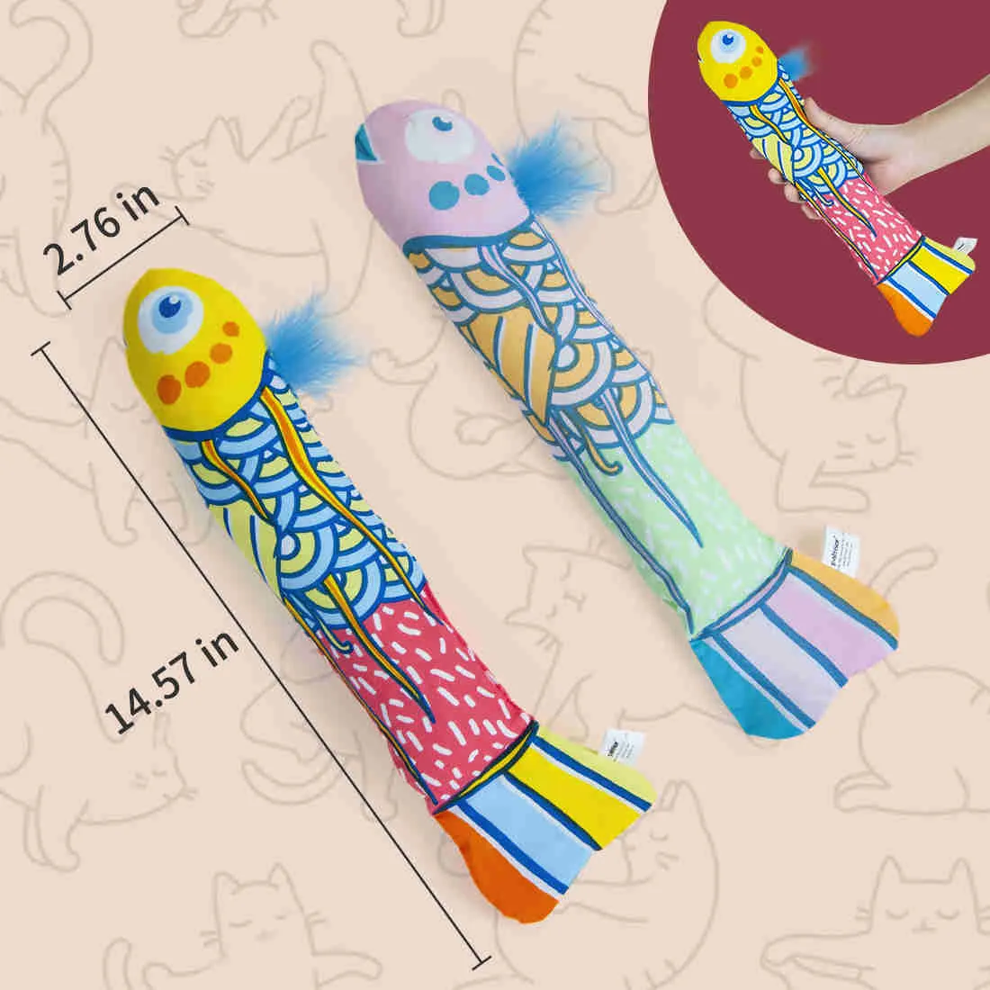 Canvas Rattling Paper Mint Fish Pillow Catnip Toys, 2 Pack
