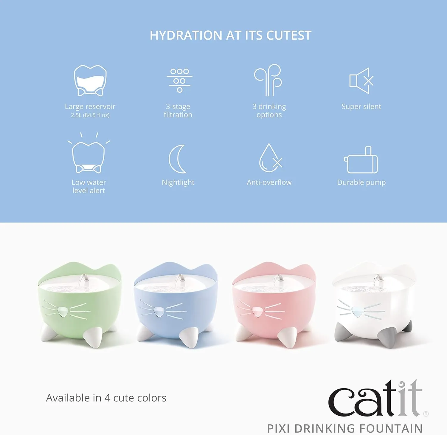 Catit PIXI Drinking Fountain  Cat Water Fountain with Triple Filter and Ergonomic Drinking Options, Pink