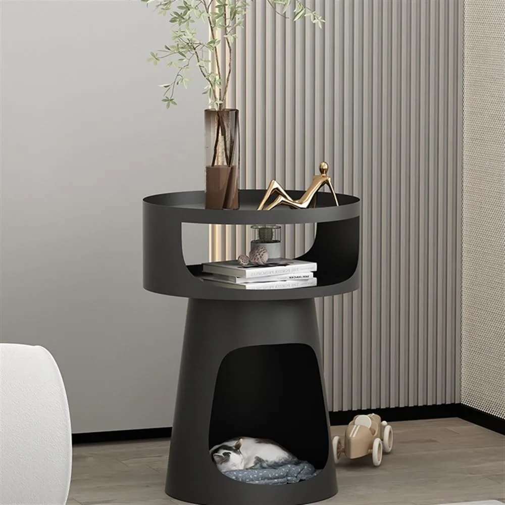 Coffee Table with Storage Shelf Creative Metal Round Side Table Double-Layer Coffee Table, Balcony Sofa Table, Bedroom Nightstand, Pet Bed for Cats for Small Space,Home Office,Black(Black)