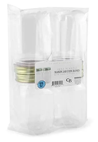 Cornucopia Small Coin Bank Jars (4-Pack); 16oz Clear Plastic Mason Jar Coin Banks w/Gold Slotted Lids