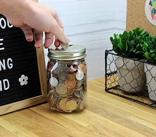 Cornucopia Small Coin Bank Jars (4-Pack); 16oz Clear Plastic Mason Jar Coin Banks w/Gold Slotted Lids