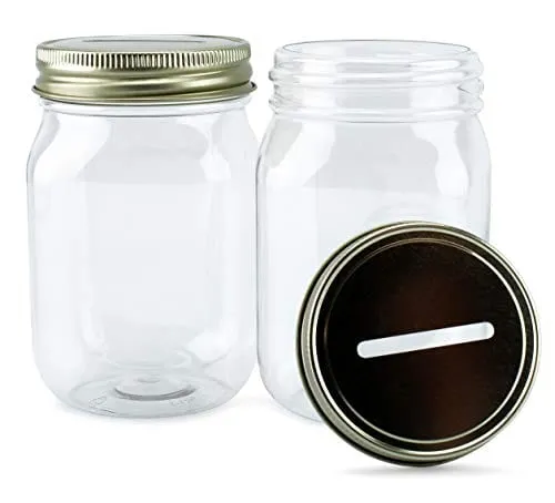 Cornucopia Small Coin Bank Jars (4-Pack); 16oz Clear Plastic Mason Jar Coin Banks w/Gold Slotted Lids
