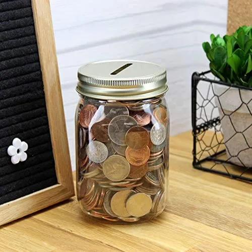 Cornucopia Small Coin Bank Jars (4-Pack); 16oz Clear Plastic Mason Jar Coin Banks w/Gold Slotted Lids