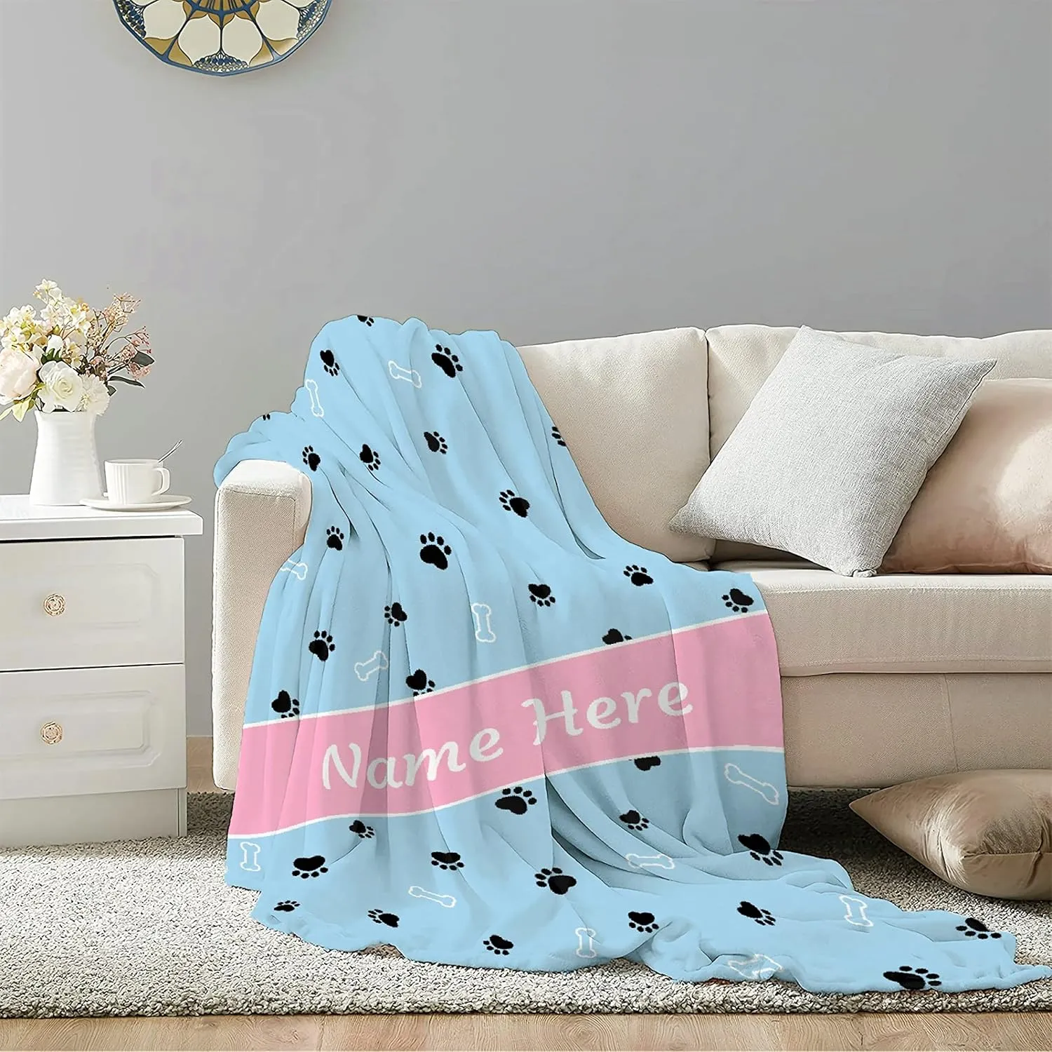 Custom Pet Name Blanket Personalized Dogs Customized Puppy ,Dog Gift for Dog Lovers Mom Dad Cute Paw Prints Soft Flannel Throw Bed Sofa Travel Extra Small 40''x30'' Blue Dog Paw Print