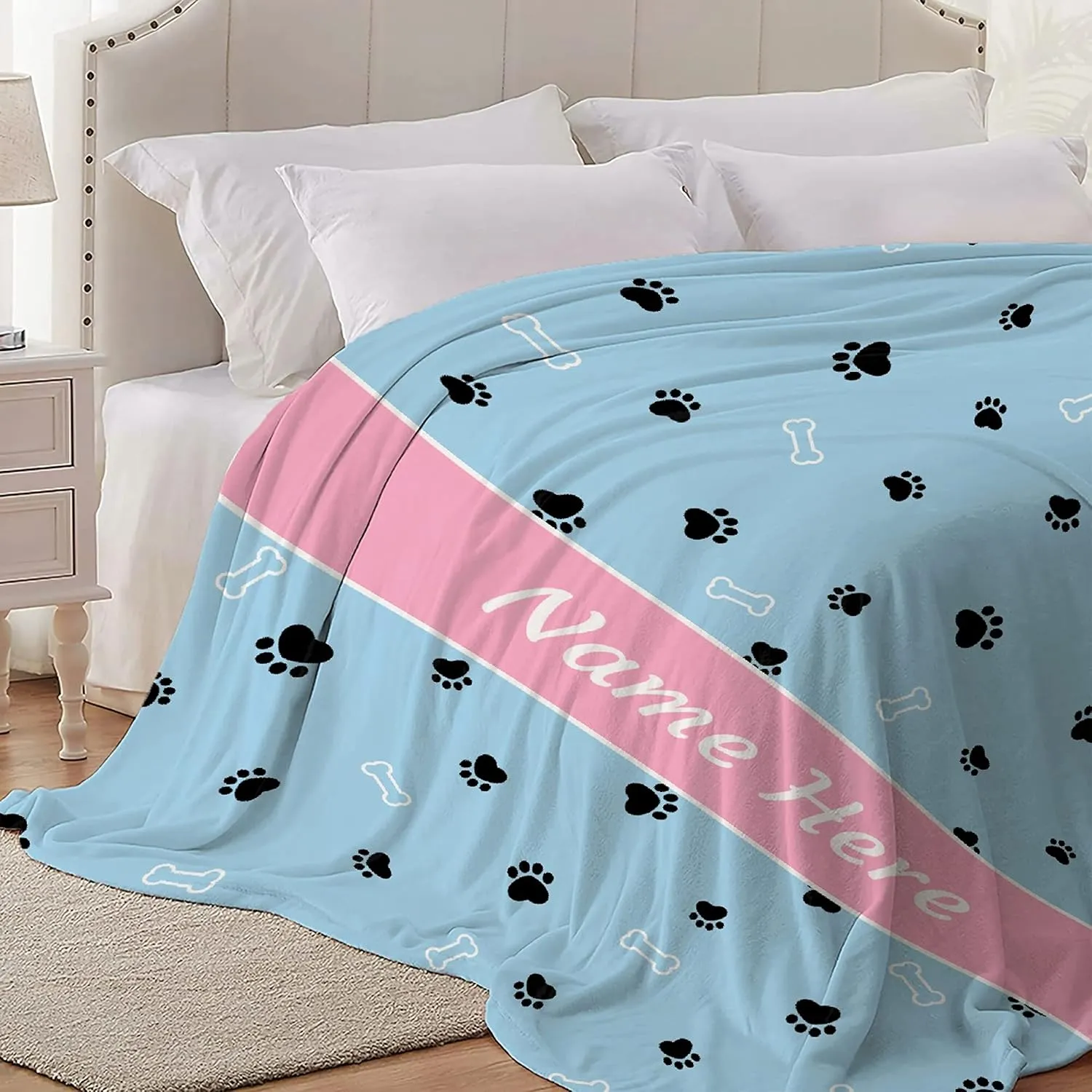 Custom Pet Name Blanket Personalized Dogs Customized Puppy ,Dog Gift for Dog Lovers Mom Dad Cute Paw Prints Soft Flannel Throw Bed Sofa Travel Extra Small 40''x30'' Blue Dog Paw Print