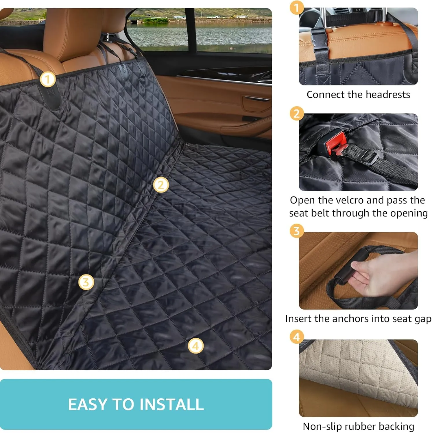 Dog Car Seat Cover for Back Seat with Mesh Window - Waterproof Dog Hammock for Car with Side Flaps, Car Door Protection - Nonslip, Scratchproof Pet Rear Seat Cover for Cars, SUVs, Trucks(Black)