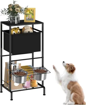 Dog Feeding Station with Toy Storage Basket & 2 Stainless Steel Bowls,3 Heights Adjustable Elevated Dog Bowls from 3.9''- 7.8'',Durable Pet Feeding Station for Small,Medium,Large Dogs,Cats,Black