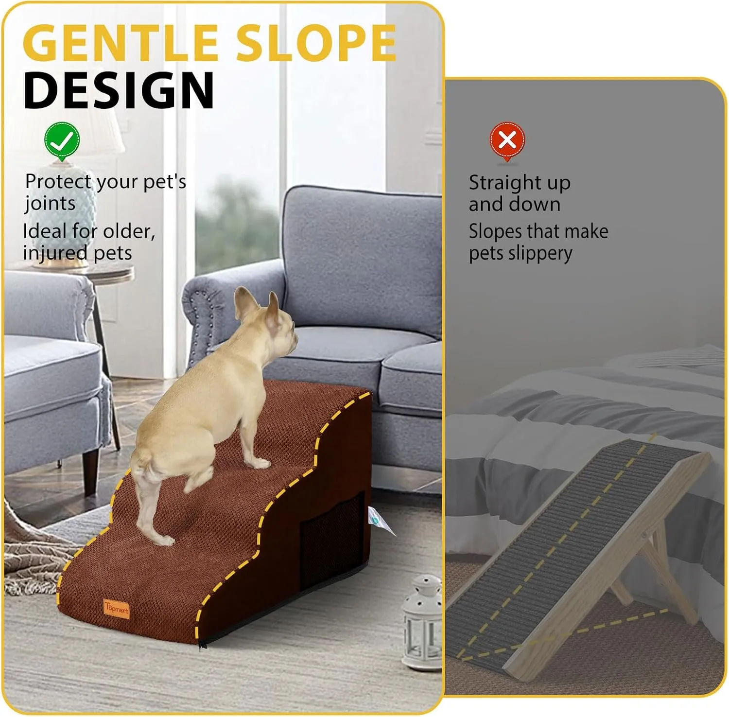 Dog Stairs for Small Dogs,3-Step,Foam Dog Steps&Ramps for Couch/High Beds with Waterproof &Removable Cover, Non-Slip, Brown