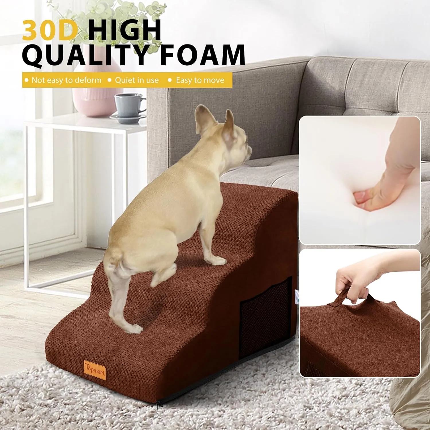 Dog Stairs for Small Dogs,3-Step,Foam Dog Steps&Ramps for Couch/High Beds with Waterproof &Removable Cover, Non-Slip, Brown