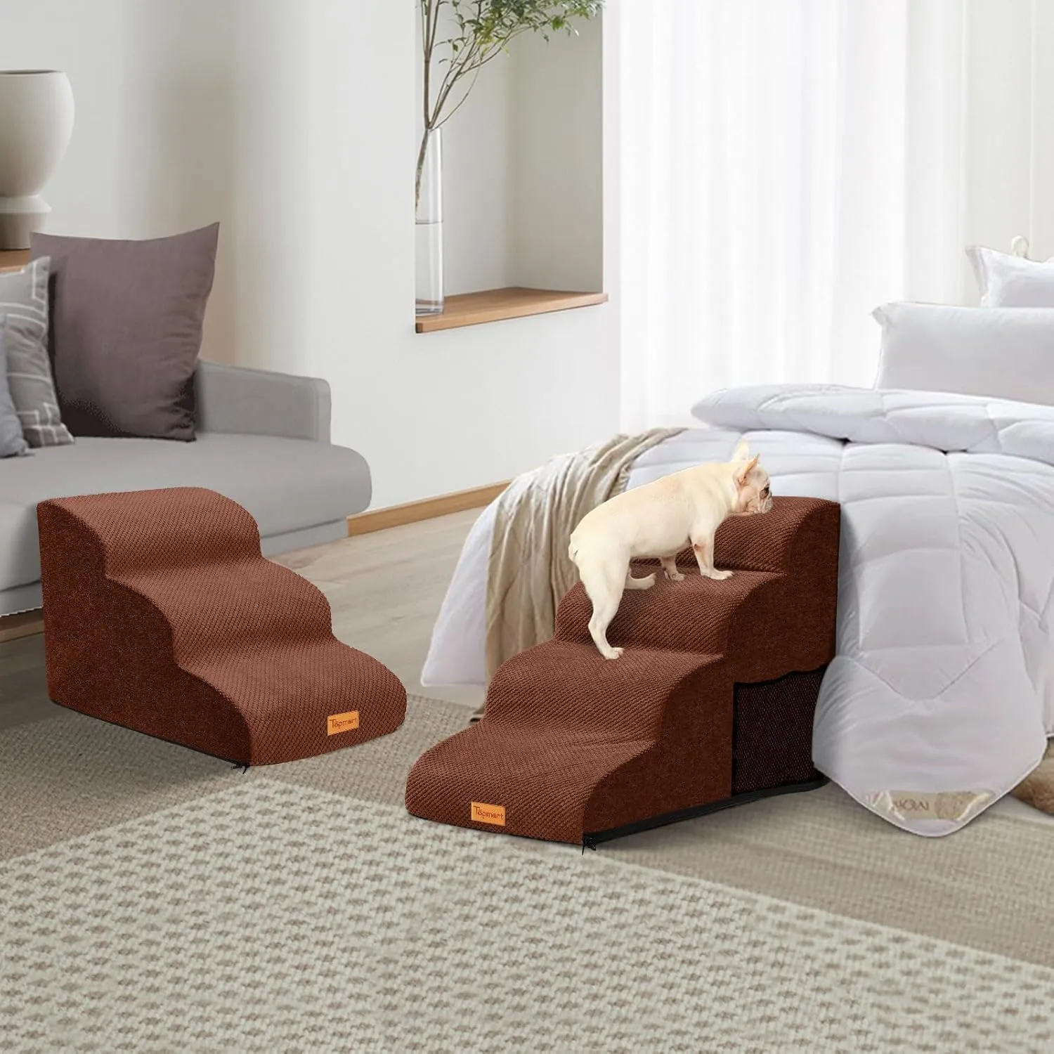 Dog Stairs for Small Dogs,3-Step,Foam Dog Steps&Ramps for Couch/High Beds with Waterproof &Removable Cover, Non-Slip, Brown