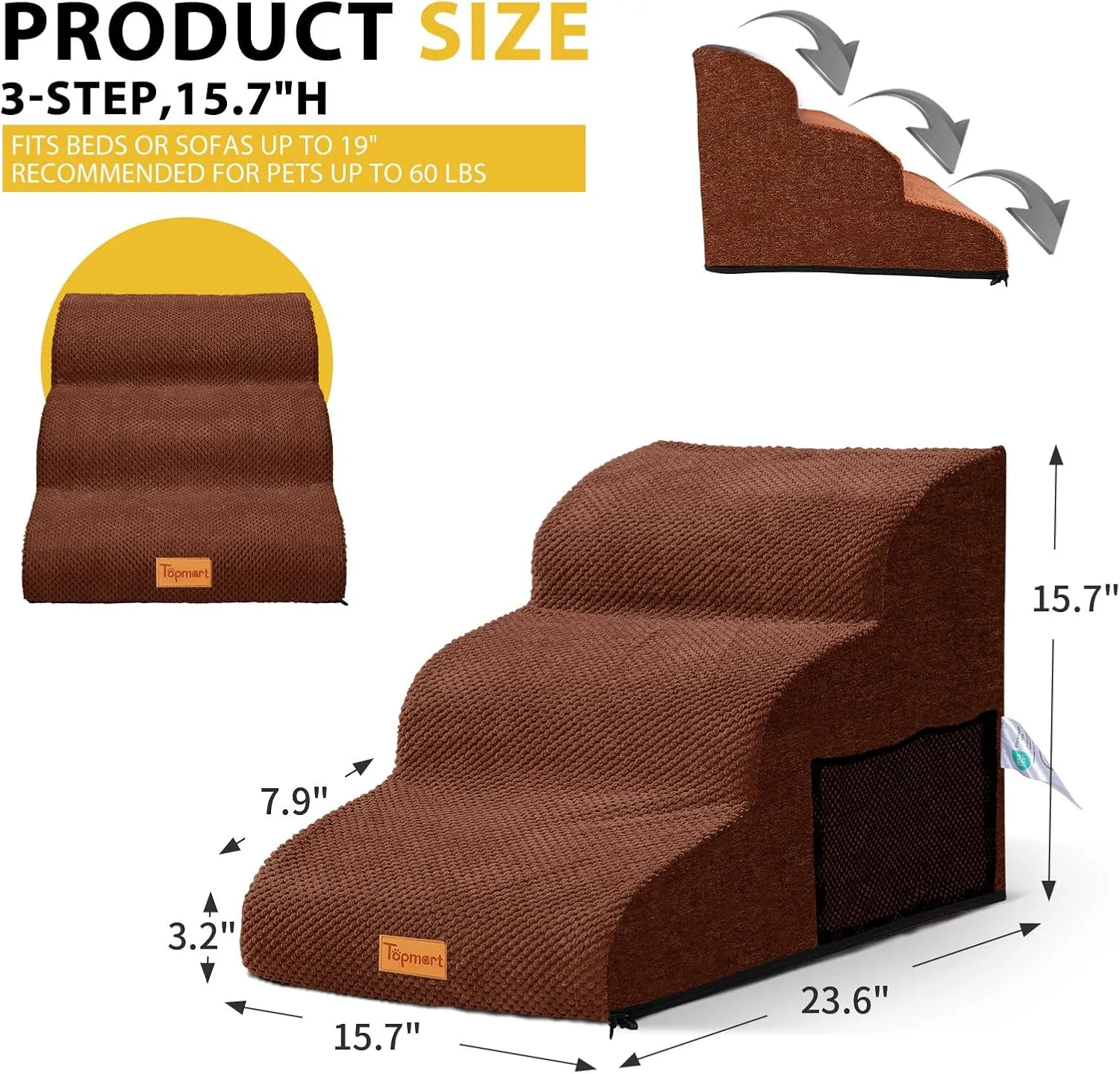 Dog Stairs for Small Dogs,3-Step,Foam Dog Steps&Ramps for Couch/High Beds with Waterproof &Removable Cover, Non-Slip, Brown