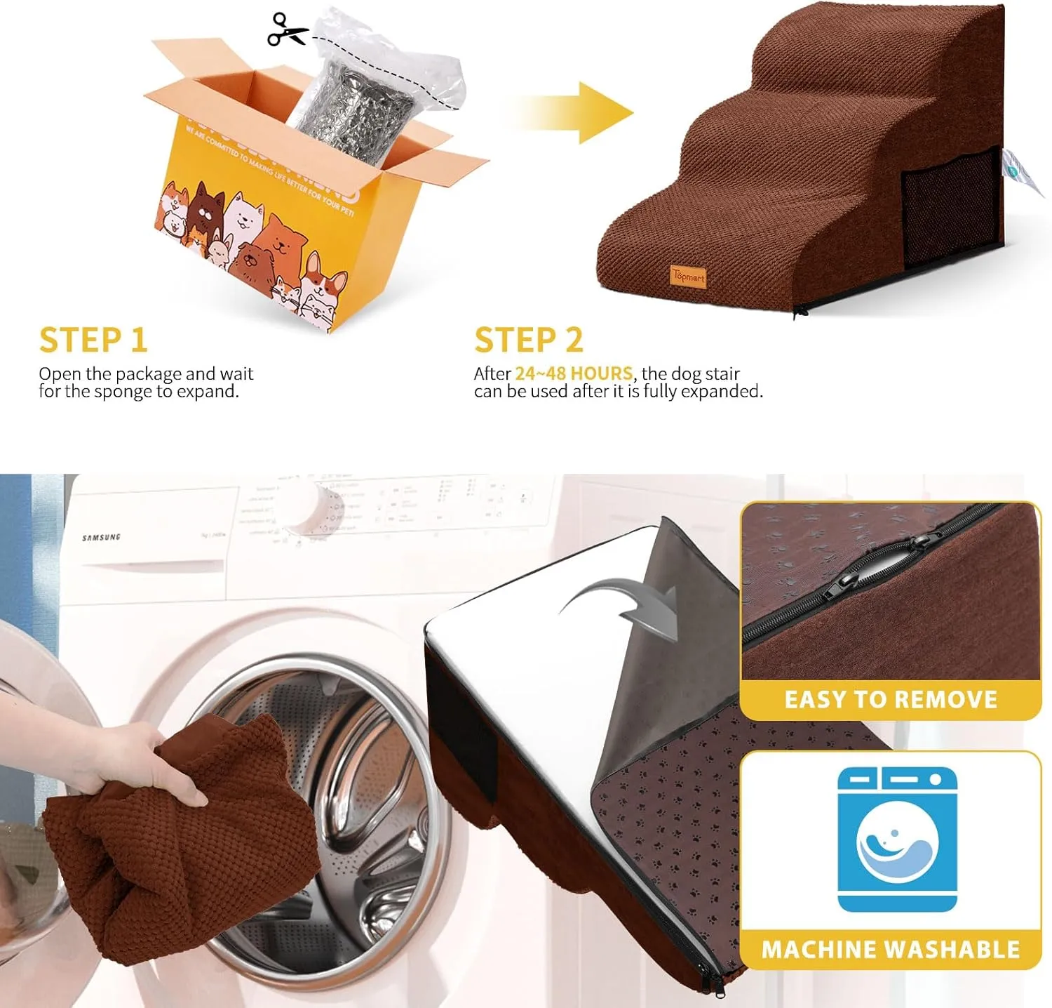 Dog Stairs for Small Dogs,3-Step,Foam Dog Steps&Ramps for Couch/High Beds with Waterproof &Removable Cover, Non-Slip, Brown