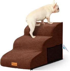 Dog Stairs for Small Dogs,3-Step,Foam Dog Steps&Ramps for Couch/High Beds with Waterproof &Removable Cover, Non-Slip, Brown
