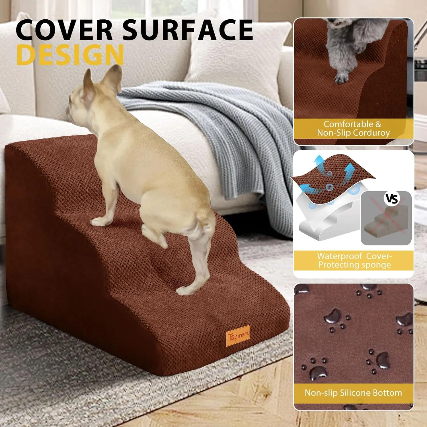 Dog Stairs for Small Dogs,3-Step,Foam Dog Steps&Ramps for Couch/High Beds with Waterproof &Removable Cover, Non-Slip, Brown