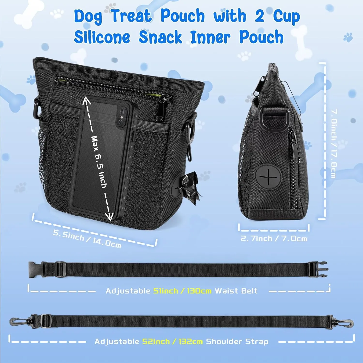 Dog Treat Pouch with Silicone Snack Pouch, 2 Cup Treat Bag Dog Treat Pouches for Pet Training with Clicker, Stronger Magnetic Closure, 3 Ways to Wear Dog Walking Bag
