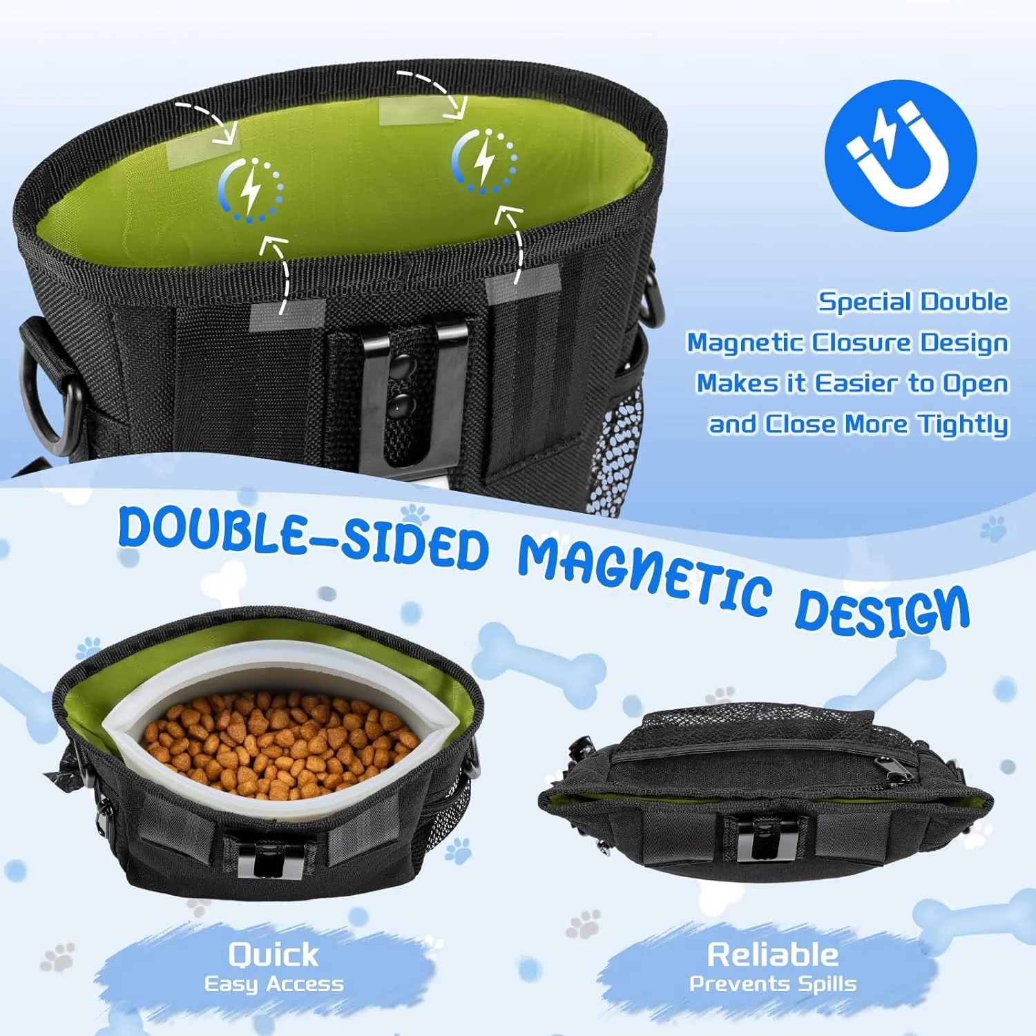 Dog Treat Pouch with Silicone Snack Pouch, 2 Cup Treat Bag Dog Treat Pouches for Pet Training with Clicker, Stronger Magnetic Closure, 3 Ways to Wear Dog Walking Bag