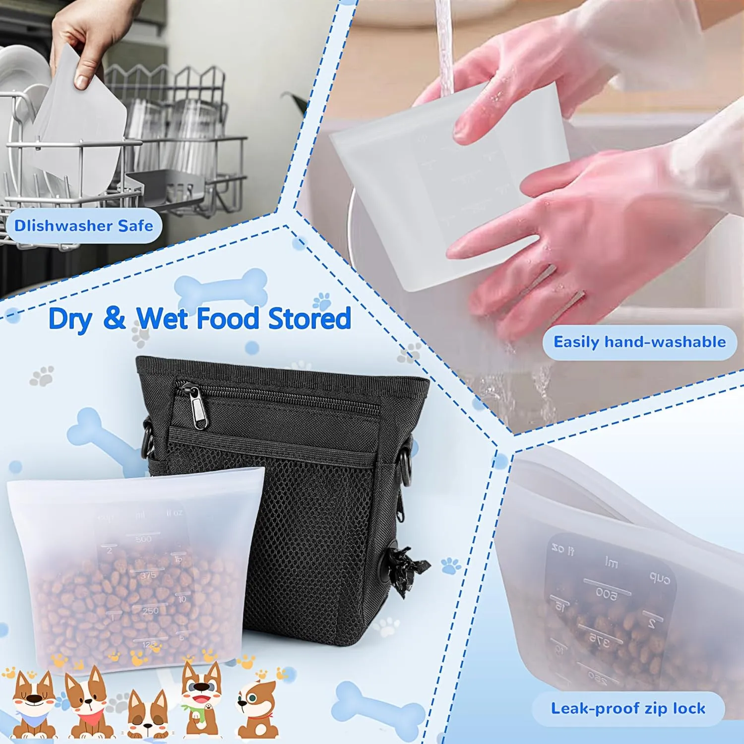 Dog Treat Pouch with Silicone Snack Pouch, 2 Cup Treat Bag Dog Treat Pouches for Pet Training with Clicker, Stronger Magnetic Closure, 3 Ways to Wear Dog Walking Bag