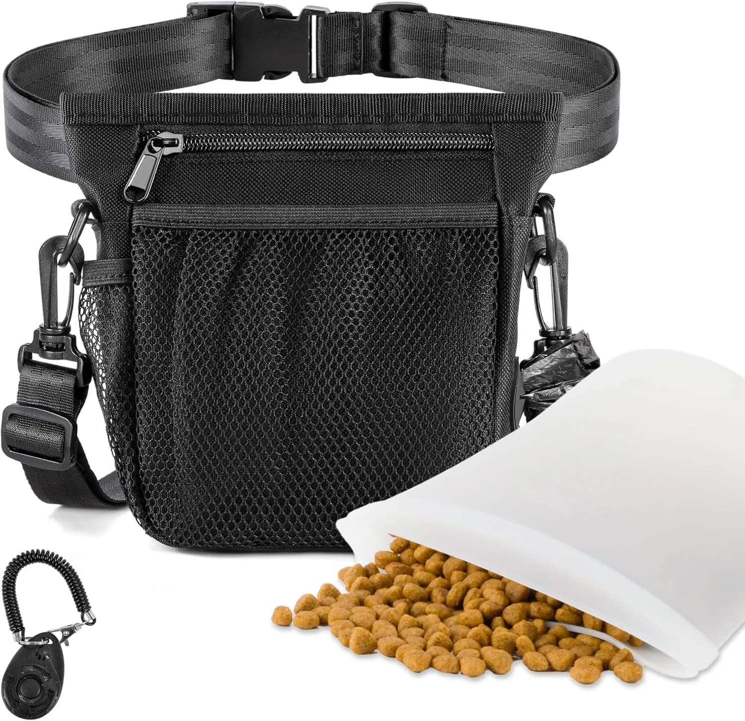 Dog Treat Pouch with Silicone Snack Pouch, 2 Cup Treat Bag Dog Treat Pouches for Pet Training with Clicker, Stronger Magnetic Closure, 3 Ways to Wear Dog Walking Bag