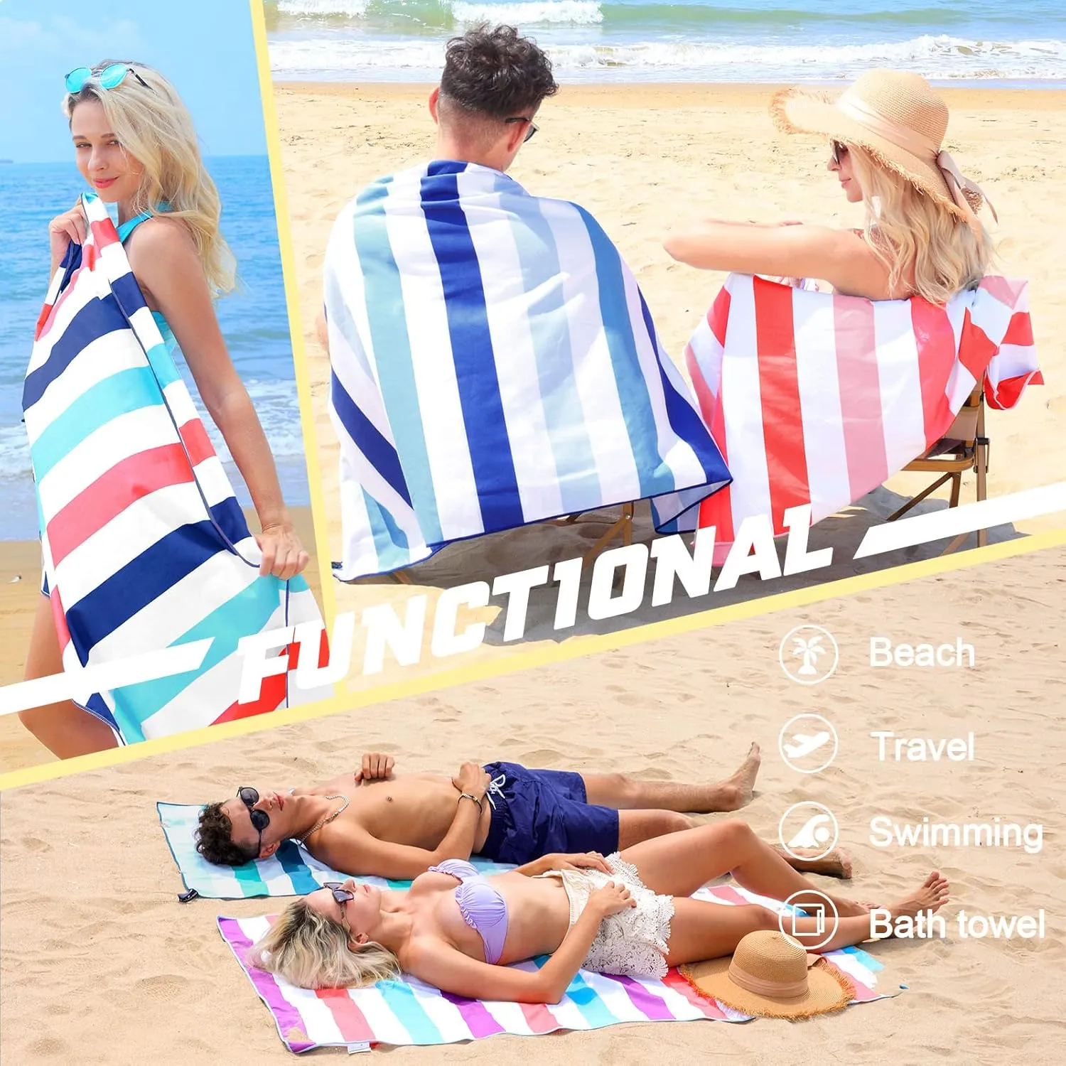 Exclusivo Mezcla Large Quick Dry Beach Towel, Microfiber Sand Free Cabana Stripe Pool Bath Swim Towel with Bag, Lightweight and Thin (Navy, 30x60 Inches)