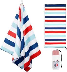 Exclusivo Mezcla Large Quick Dry Beach Towel, Microfiber Sand Free Cabana Stripe Pool Bath Swim Towel with Bag, Lightweight and Thin (Navy, 30x60 Inches)