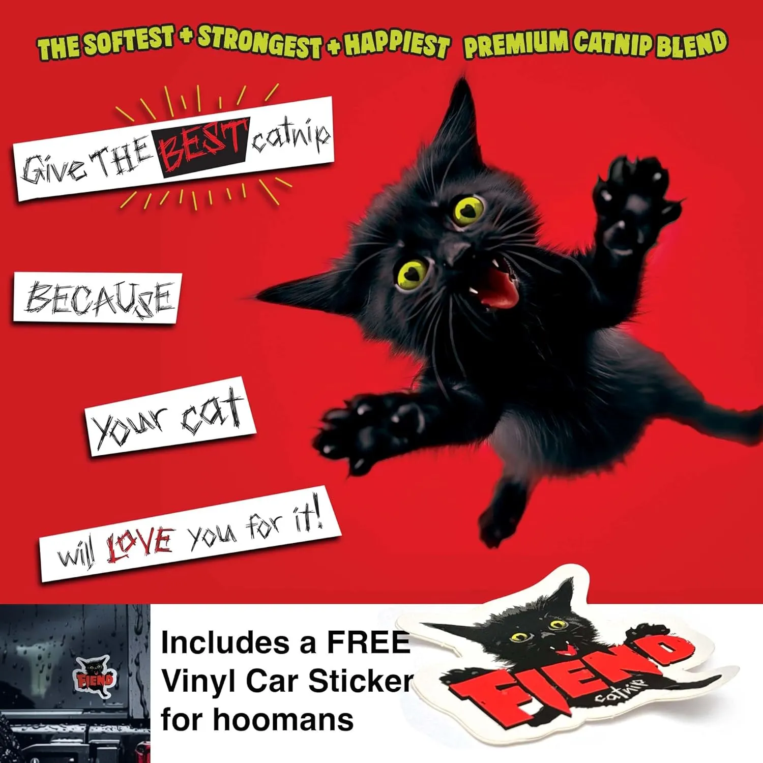 Fiend Catnip   Silvervine for Cats & Kittens Hands-Free Shaker  Safety-Cut Premium Fine Cat Nip Blend with Vegan Silver Vine   Sticker  Ultra Potent, North American 1 Cup (34.5g) Create a Monster!