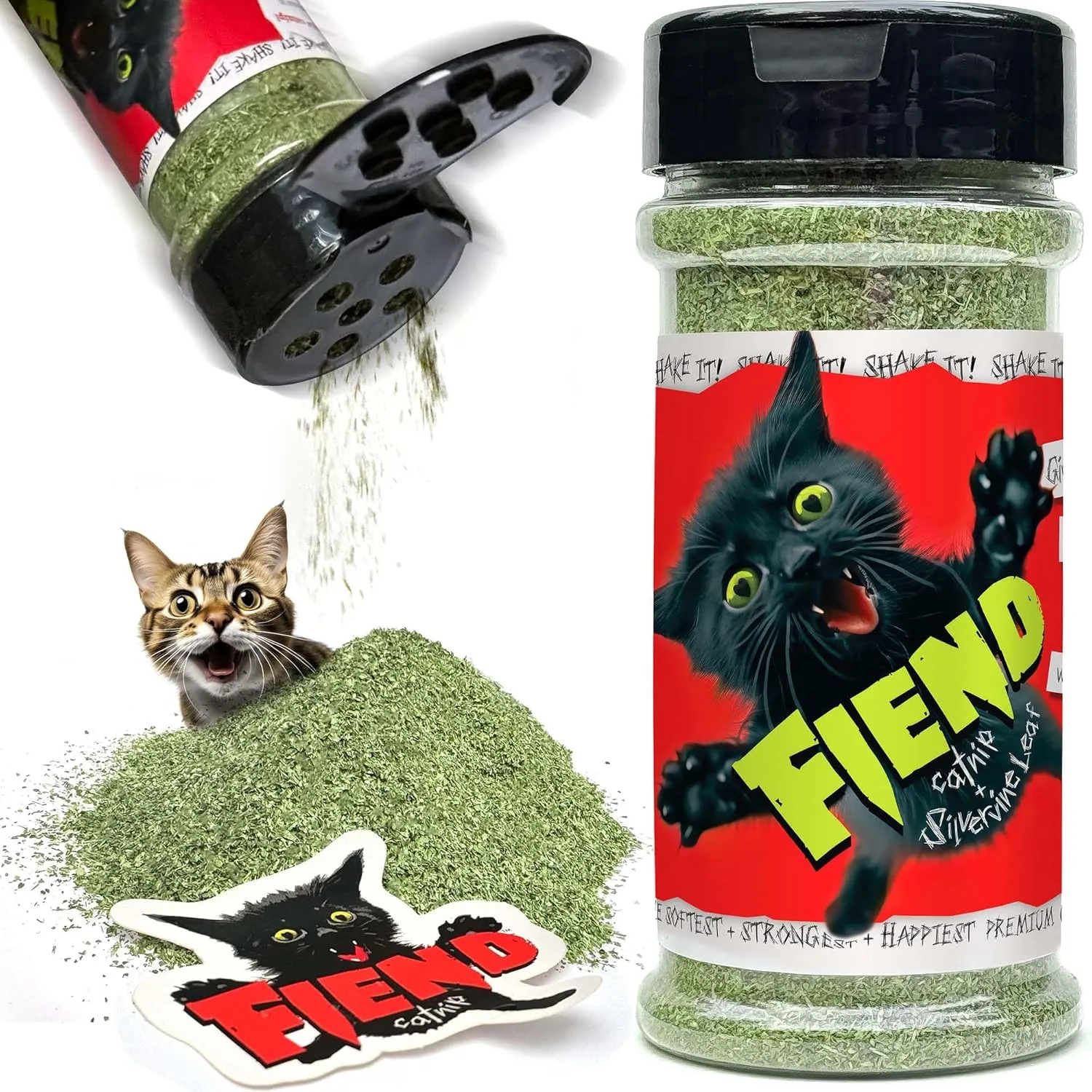 Fiend Catnip   Silvervine for Cats & Kittens Hands-Free Shaker  Safety-Cut Premium Fine Cat Nip Blend with Vegan Silver Vine   Sticker  Ultra Potent, North American 1 Cup (34.5g) Create a Monster!