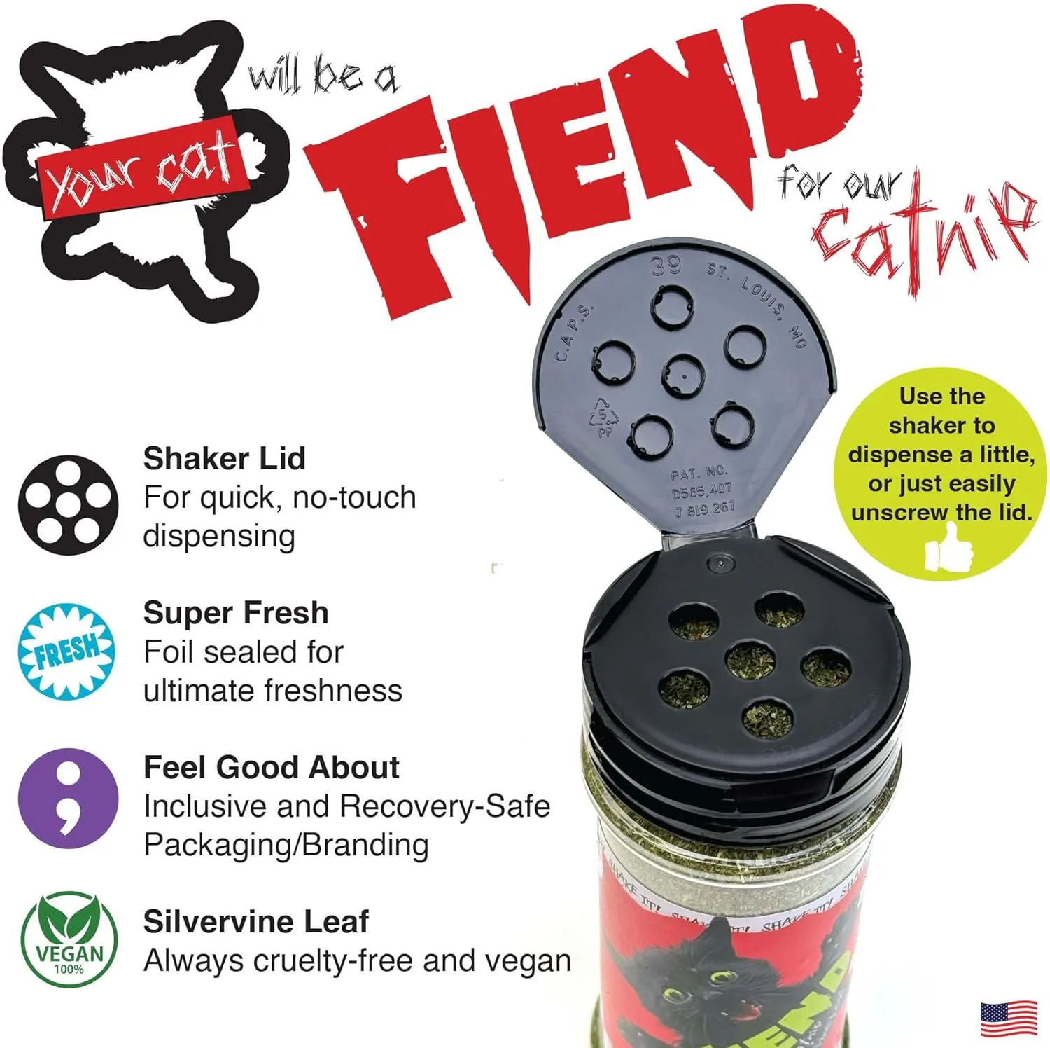 Fiend Catnip   Silvervine for Cats & Kittens Hands-Free Shaker  Safety-Cut Premium Fine Cat Nip Blend with Vegan Silver Vine   Sticker  Ultra Potent, North American 1 Cup (34.5g) Create a Monster!