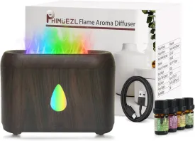 Flame Diffuser for Essential Oils, 200ml Ultrasonic Aroma Diffusers with Cool Mist, Aromatherapy Diffuser with Auto-Off Protection (Dark Wooden Grain(7 Colors), Peppermint Lavender Tea Tree Lemon)