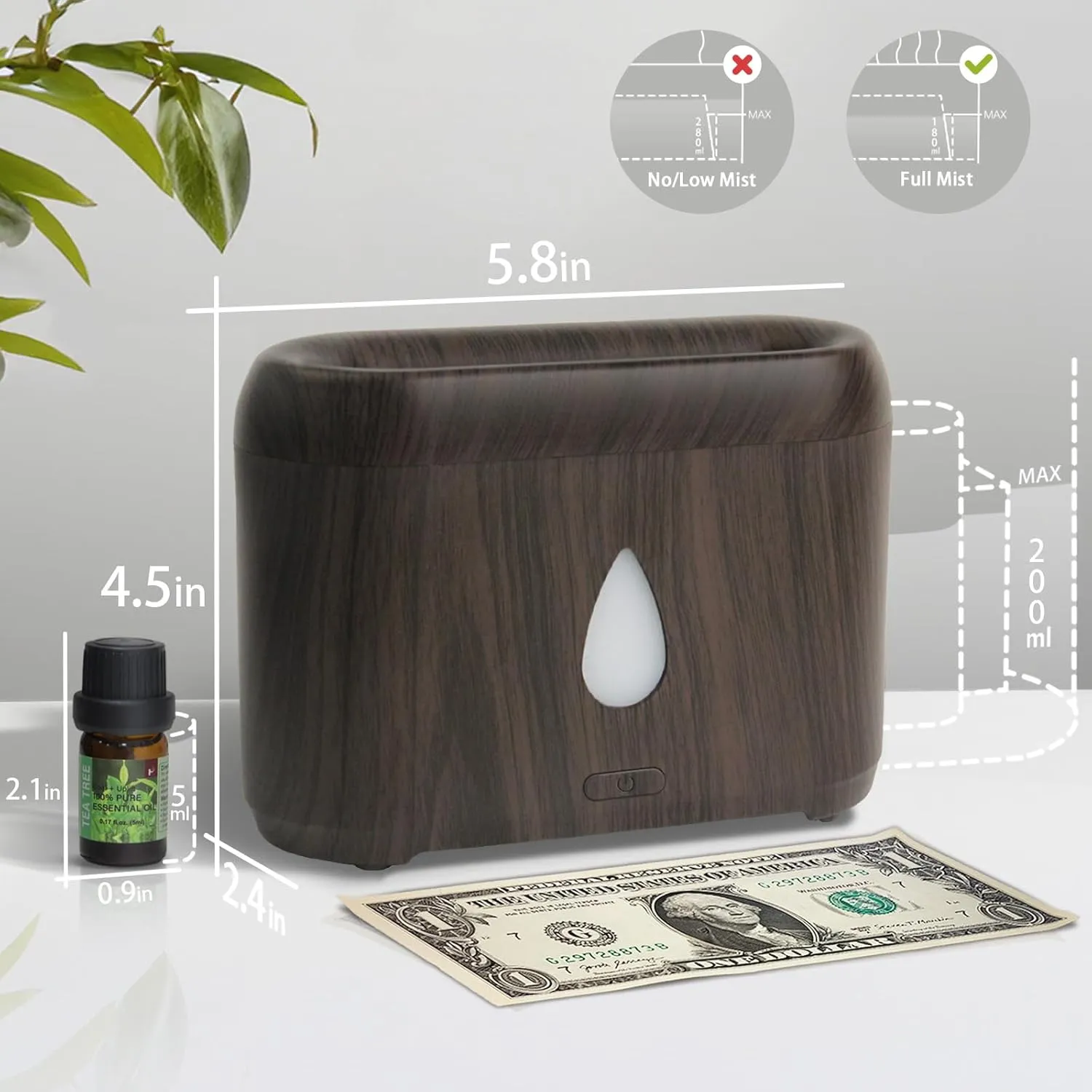 Flame Diffuser for Essential Oils, 200ml Ultrasonic Aroma Diffusers with Cool Mist, Aromatherapy Diffuser with Auto-Off Protection (Dark Wooden Grain(7 Colors), Peppermint Lavender Tea Tree Lemon)